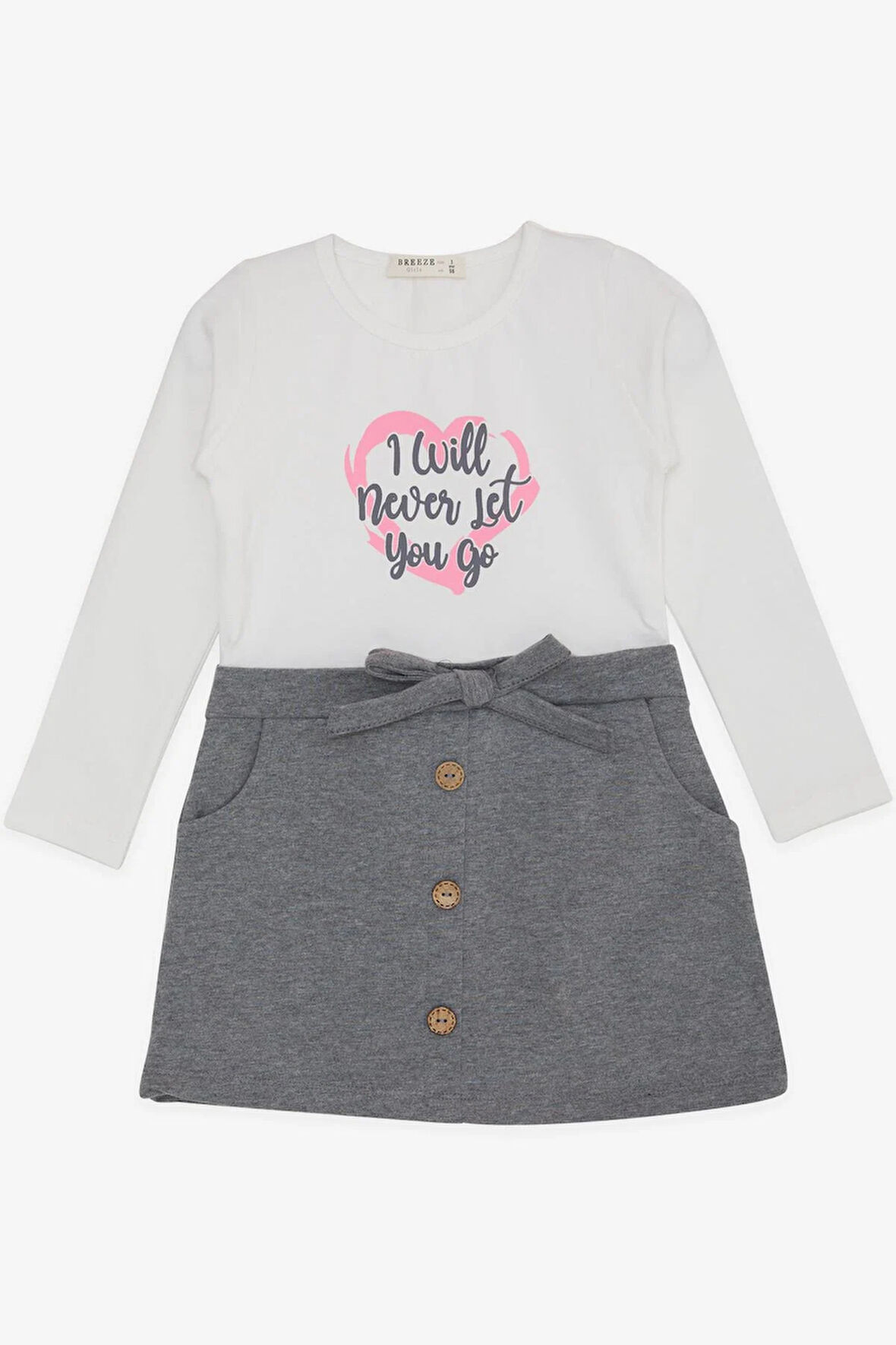 Breeze Kız Çocuk Uzun Kollu Elbise Düğme Aksesuarlı Fiyonklu 3-8 Yaş, Beyaz