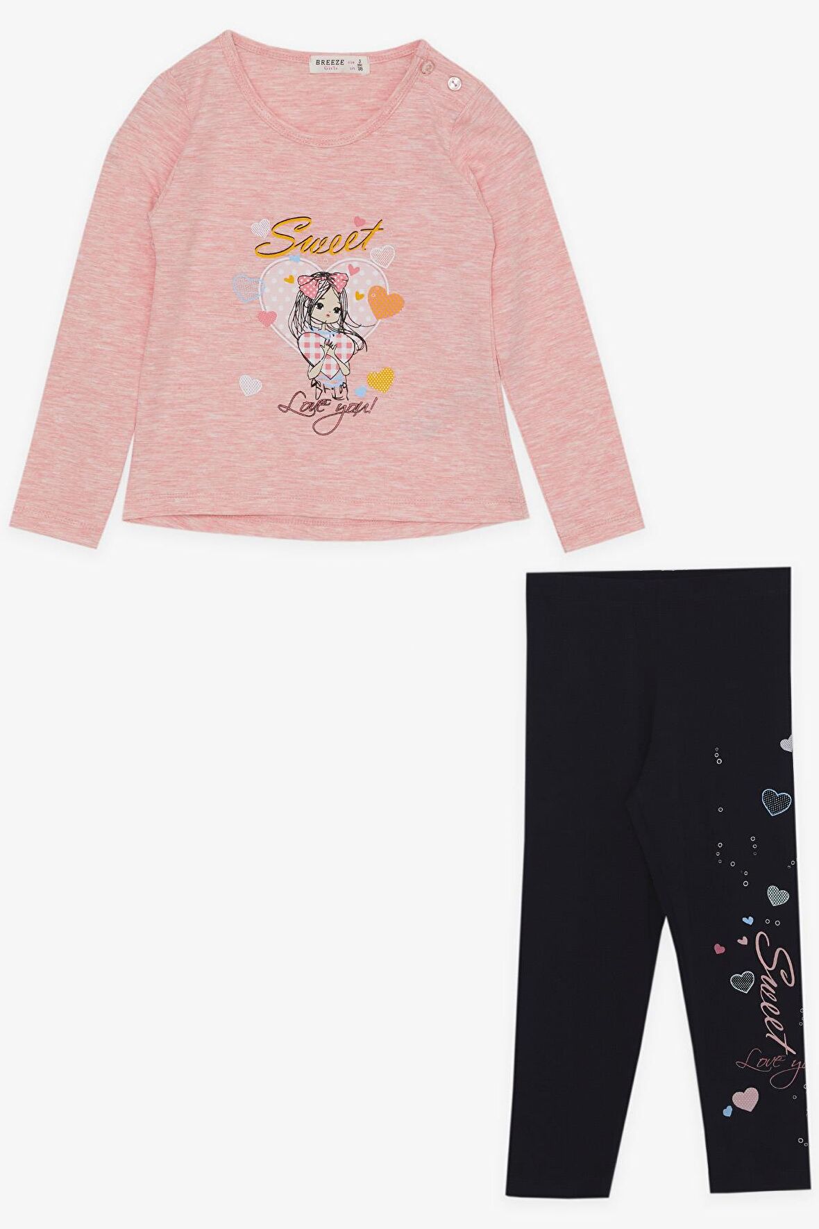 BREEZE Kız Çocuk Taytlı Takım Sevimli Kız Baskılı Kalpli 2-6 Yaş, Somon Melanj