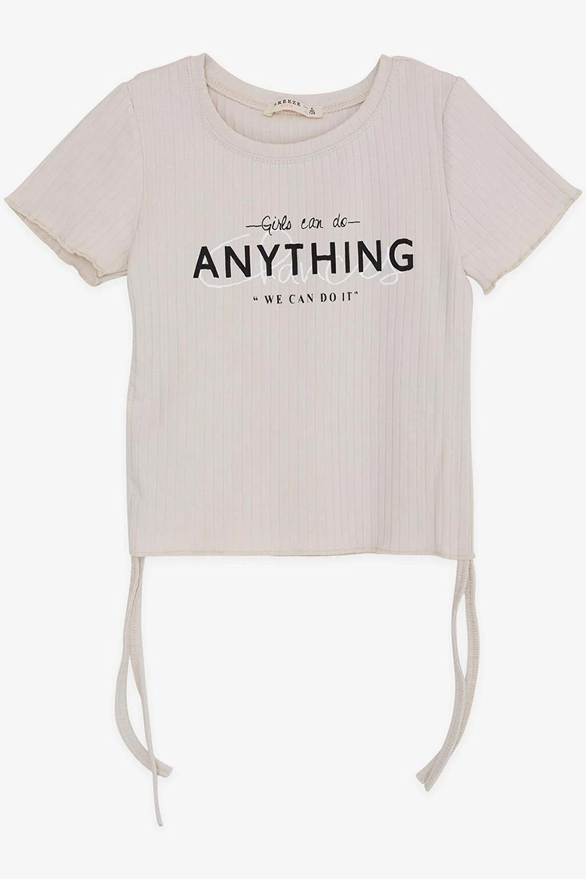 BREEZE Kız Çocuk Tişört Yanları Büzgülü Yazı Baskılı 8-14 Yaş, Bej