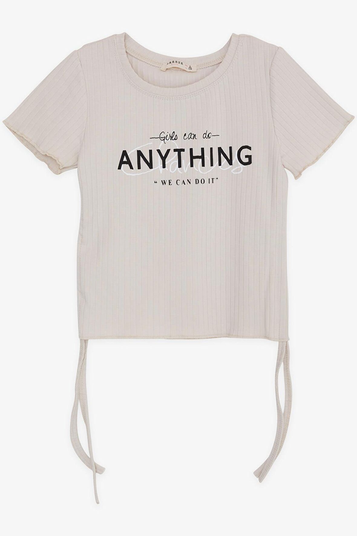 BREEZE Kız Çocuk Tişört Yanları Büzgülü Yazı Baskılı 8-14 Yaş, Bej