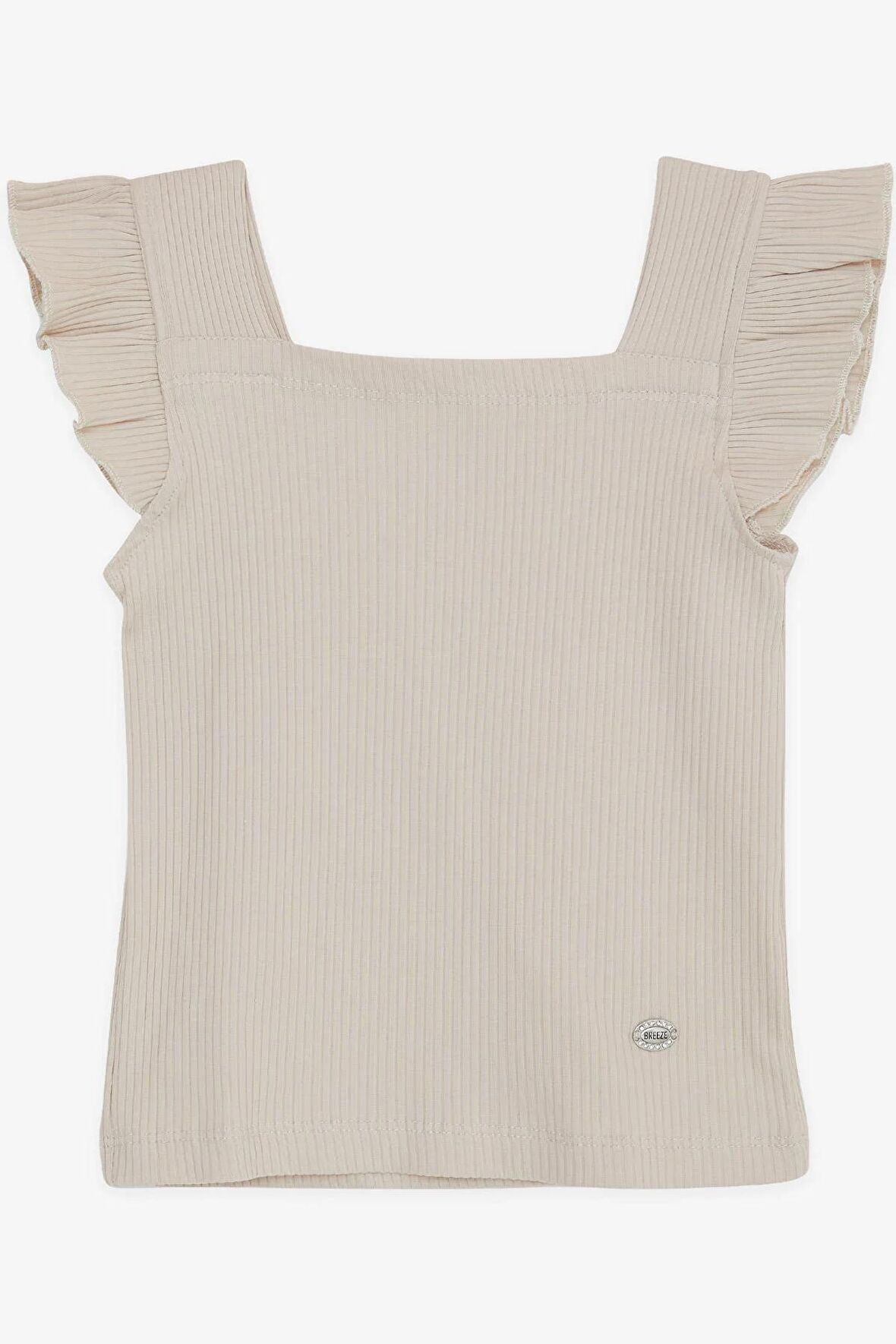 Breeze Kız Çocuk Tişört Crop Kare Yaka Fırfırlı Armalı 8-14 Yaş, Bej