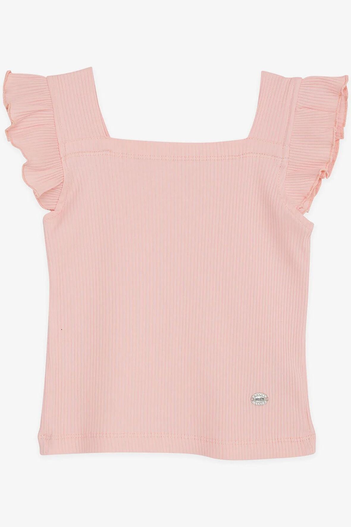 Breeze Kız Çocuk Tişört Crop Kare Yaka Fırfırlı Armalı 8-14 Yaş, Somon