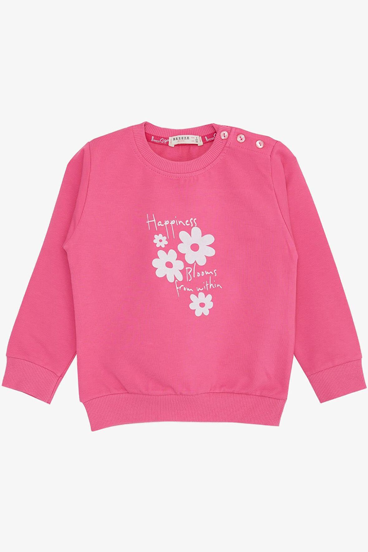 BREEZE Kız Bebek Sweatshirt Simli Çiçek Baskılı 9 Ay-3 Yaş, Pembe