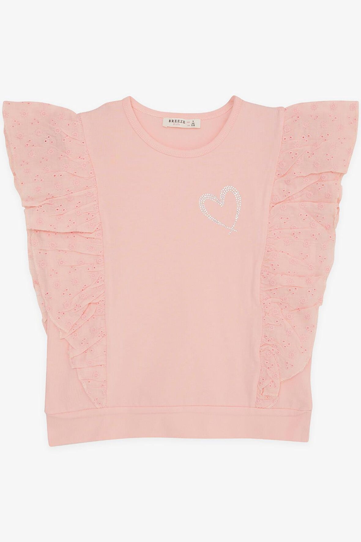 BREEZE Kız Çocuk Tişört Taşlı Kalp Baskılı Güpürlü 6-12 Yaş, Somon