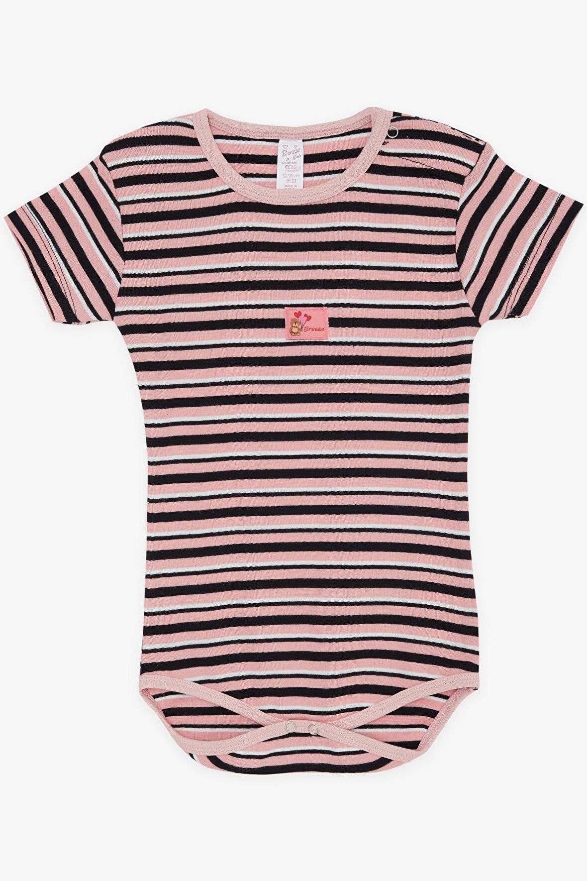 BREEZE Kız Bebek Çıtçıtlı Zıbın Body Çizgili Sevimli Ayıcık Baskılı 9 Ay-3 Yaş, Pembe