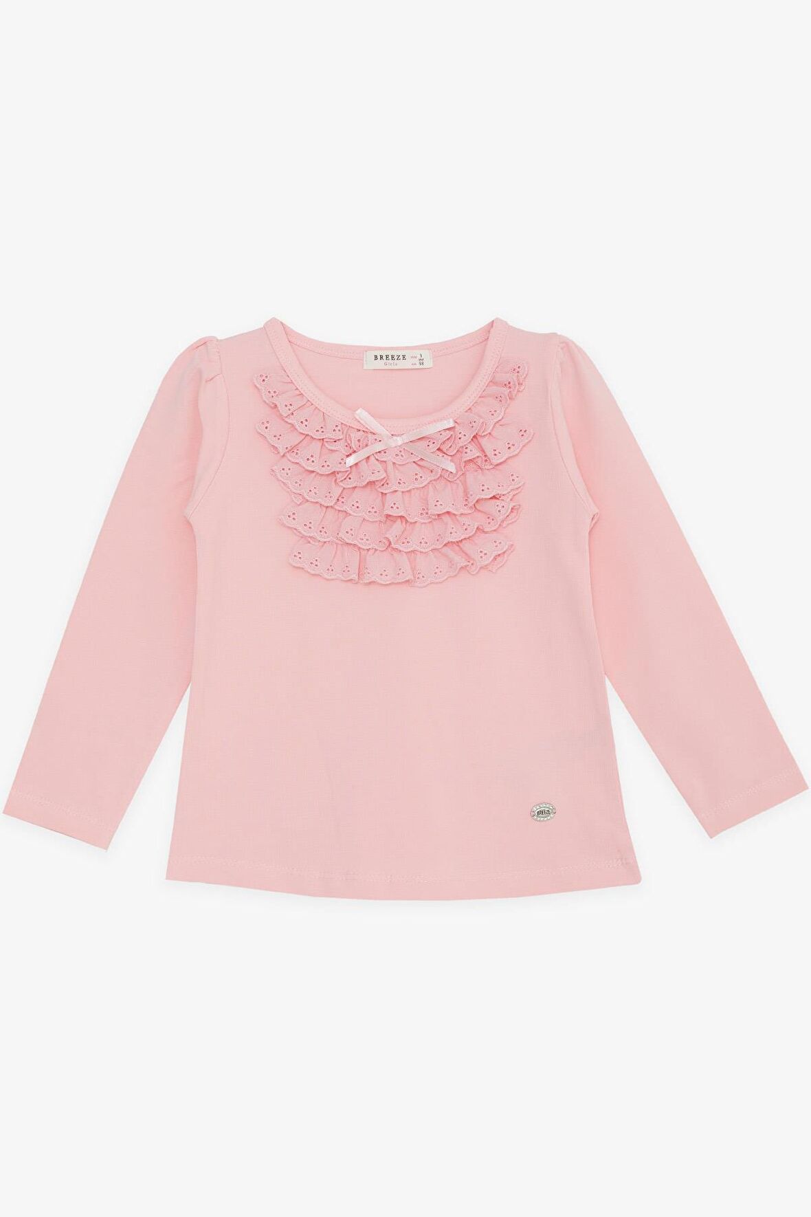 BREEZE Kız Çocuk Uzun Kollu Tişört Güpürlü Fiyonklu 3-8 Yaş, Pembe