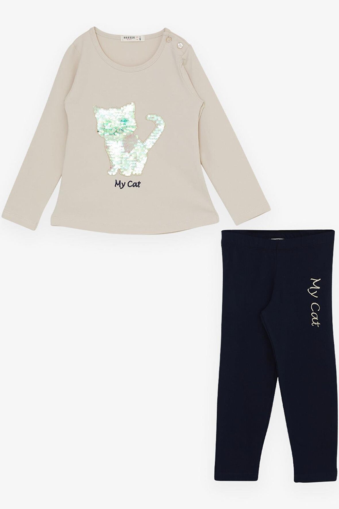 BREEZE Kız Çocuk Taytlı Takım Pullu Kedicik Baskılı Nakışlı 1.5-5 Yaş, Bej