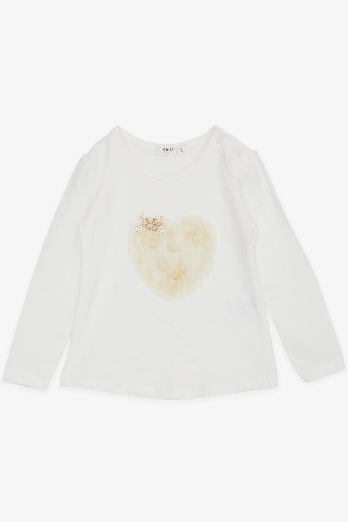BREEZE Kız Çocuk Uzun Kollu Tişört Ponponlu İncili 1-4 Yaş, Ekru