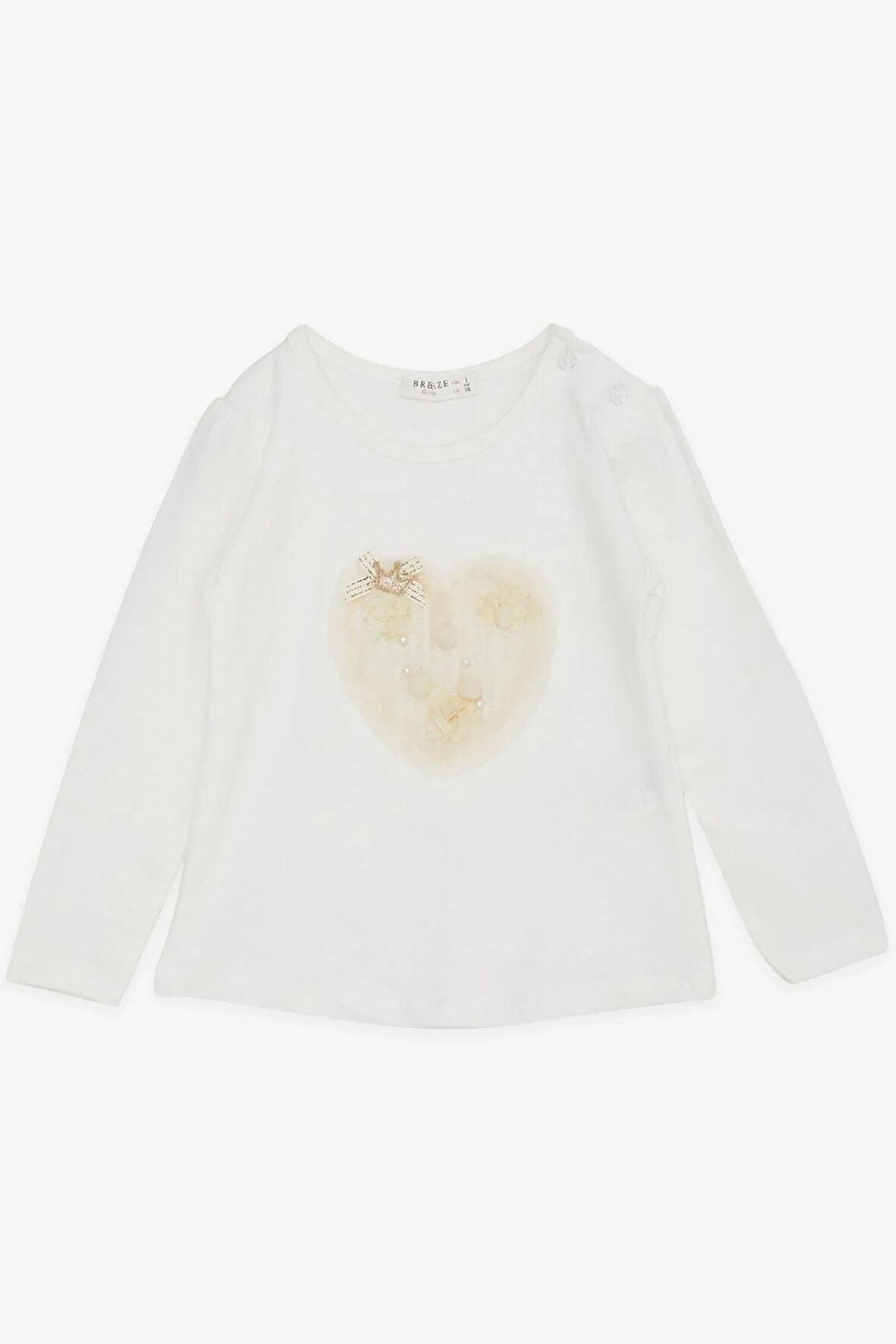Breeze Kız Çocuk Uzun Kollu Tişört Ponponlu İncili 1-4 Yaş, Ekru