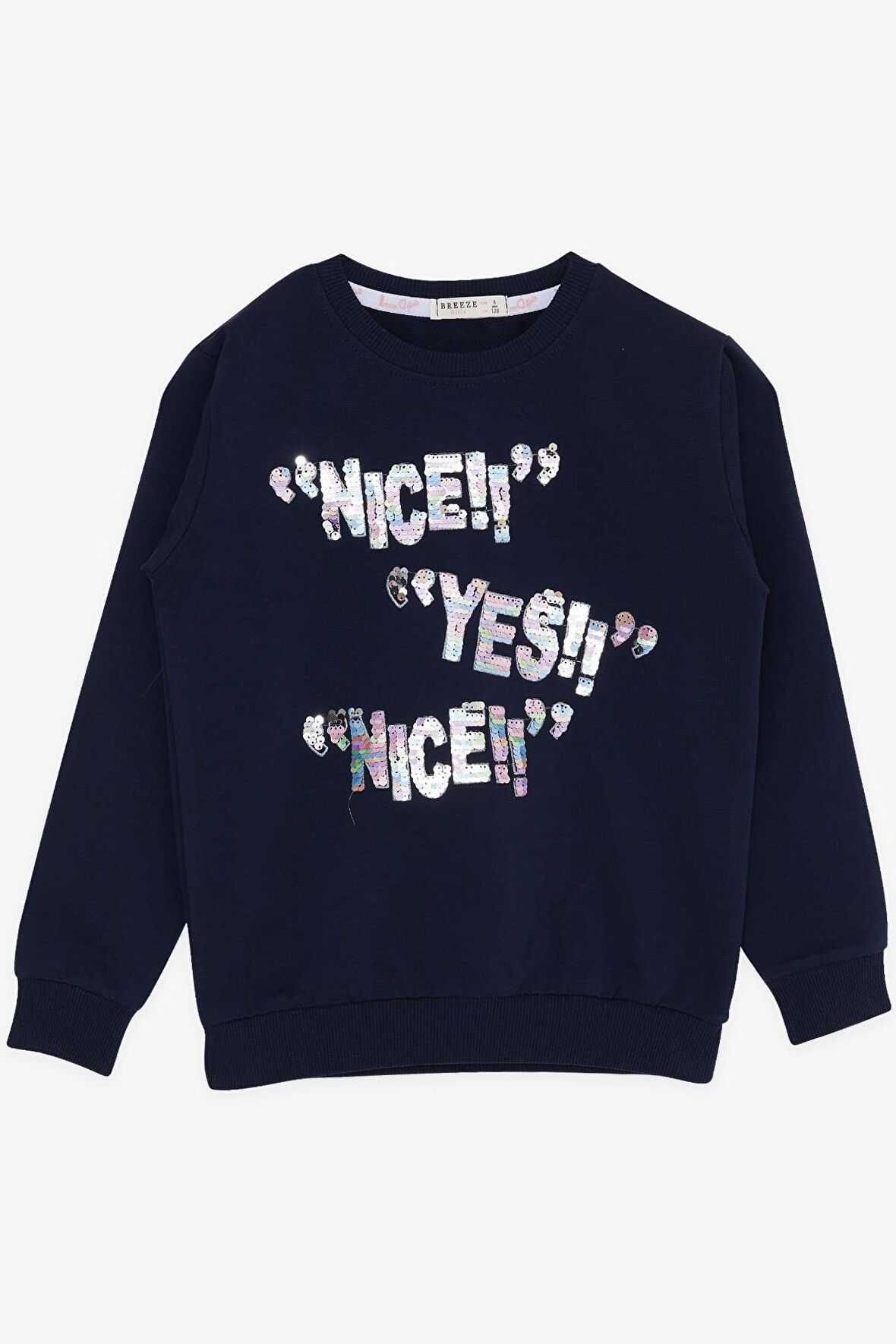 BREEZE Kız Çocuk Sweatshirt Pullu Yazı Baskılı 8-14 Yaş, Lacivert