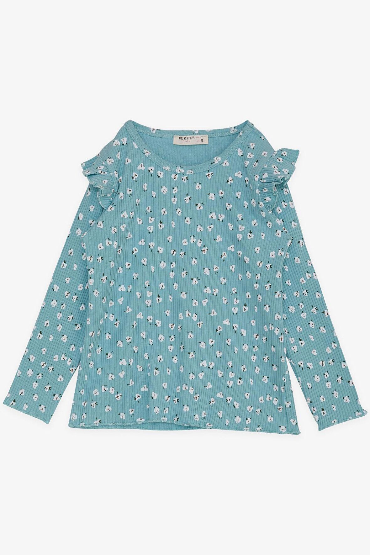 BREEZE Kız Çocuk Uzun Kollu Tişört Çiçek Desenli Omuzu Fırfırlı 2-6 Yaş, Su Yeşili