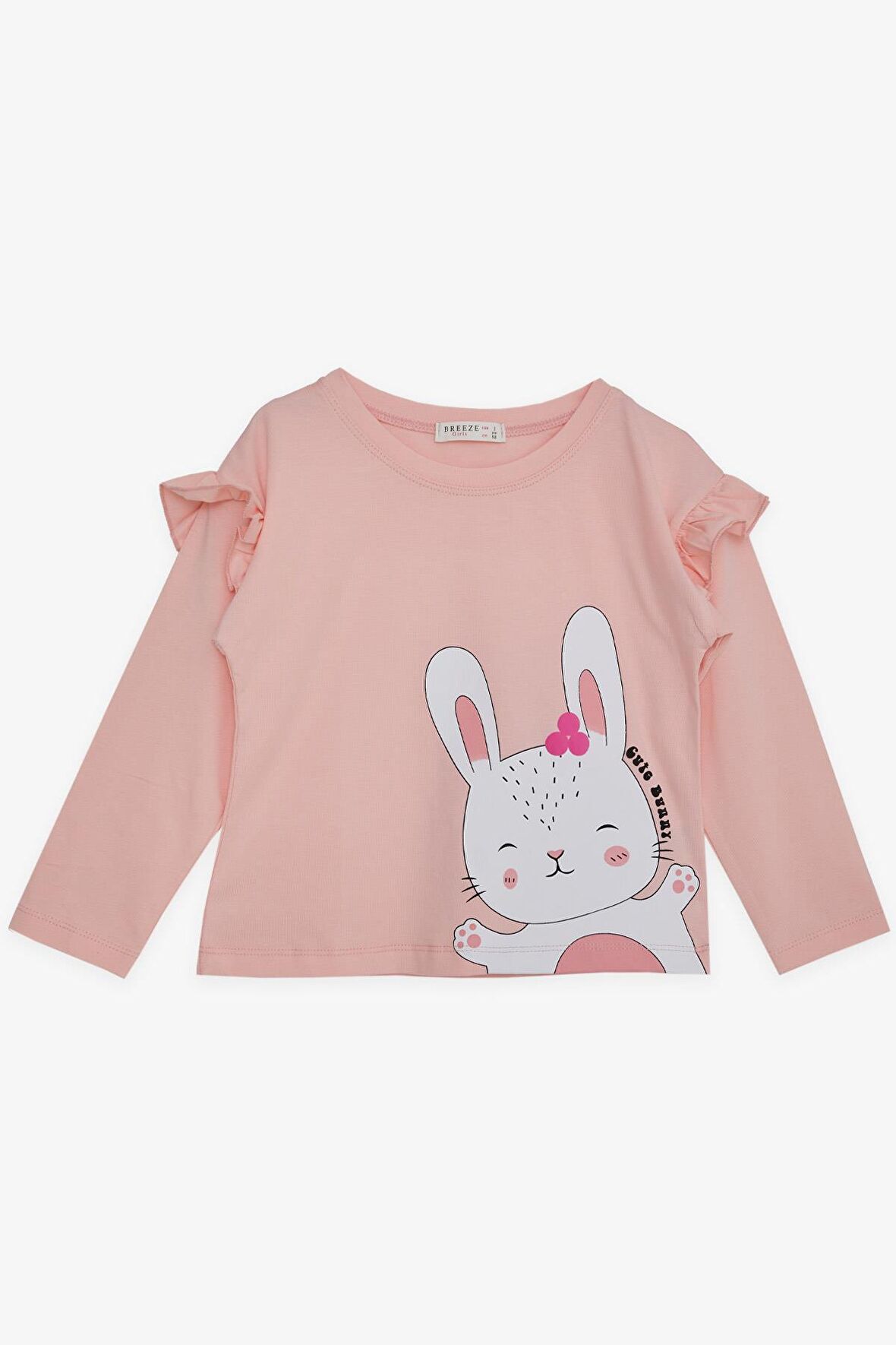 BREEZE Kız Çocuk Uzun Kollu Tişört Sevimli Tavşancık Baskılı Omuzu Fırfırlı 1-4 Yaş, Pembe