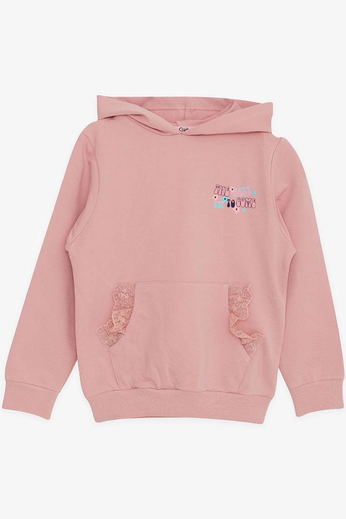 BREEZE Kız Çocuk Sweatshirt Kanguru Cepli Yazı Baskılı Güpürlü 3-8 Yaş, Gülkurusu