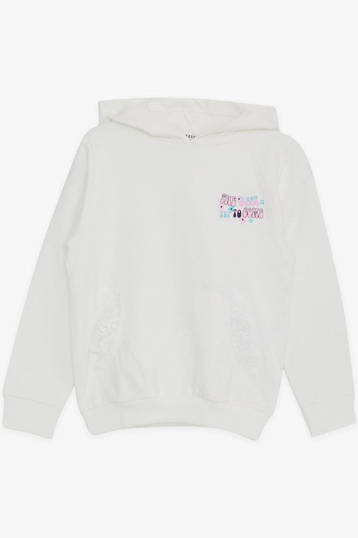 BREEZE Kız Çocuk Sweatshirt Kanguru Cepli Yazı Baskılı Güpürlü 3-8 Yaş, Ekru