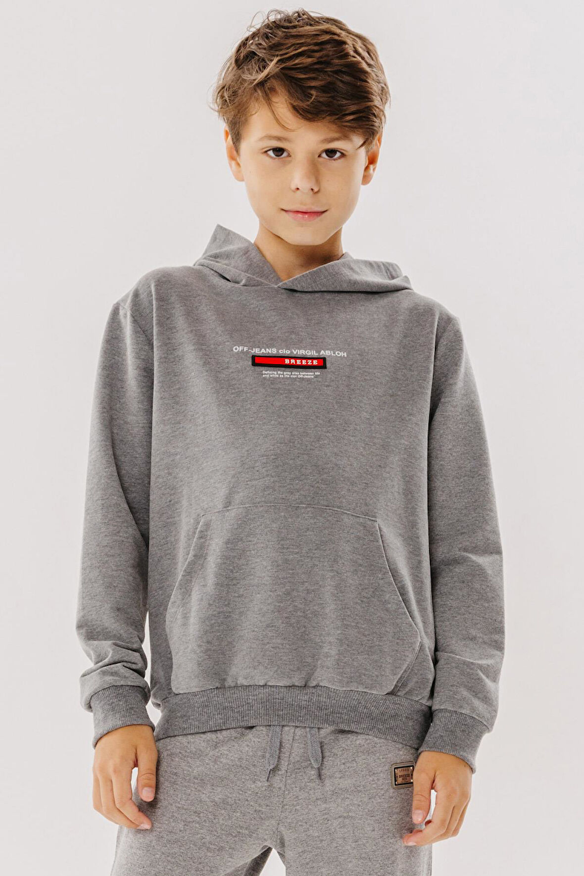 Breeze Girls & Boys Erkek Çocuk Sweatshirt Yazı Baskılı Armalı Kanguru Cepli 8-14 Yaş, Koyu Gri Melanj