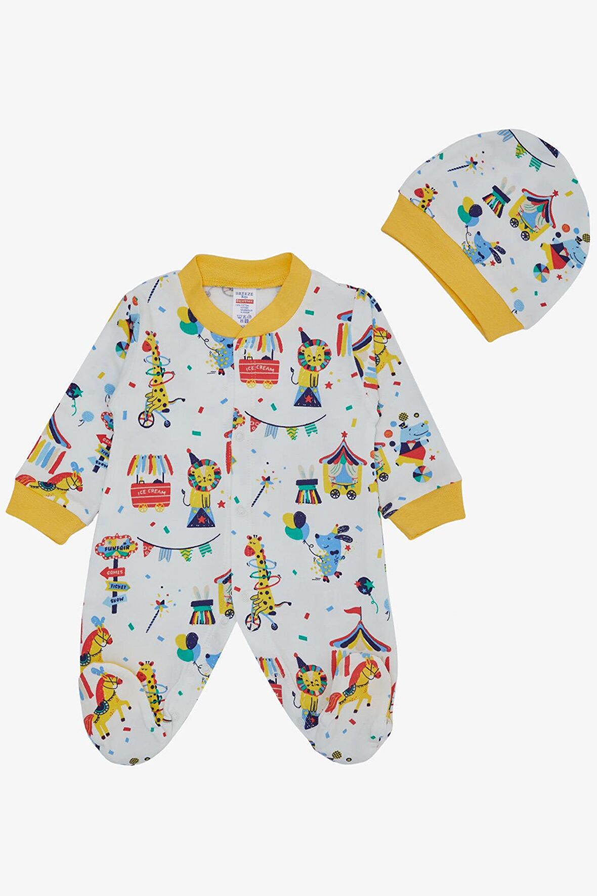 BREEZE Erkek Bebek Patikli Tulum Sirk Temalı 0-6 Ay, Beyaz