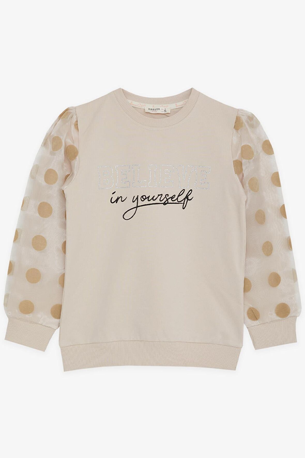 BREEZE Kız Çocuk Sweatshirt Kolları Tüllü Simli Yazı Baskılı Puanlı 6-12 Yaş, Bej