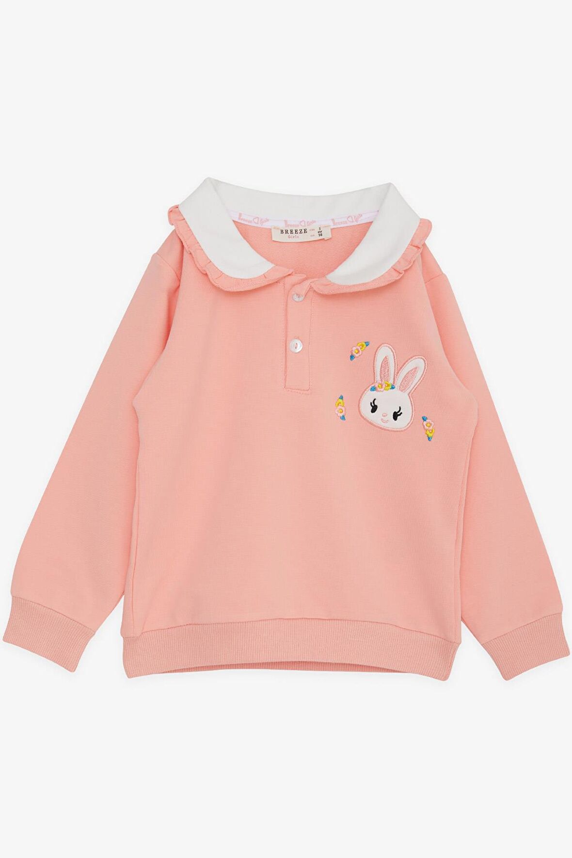 BREEZE Kız Çocuk Sweatshirt Tavşan Nakışlı Düğmeli 2-6 Yaş, Somon