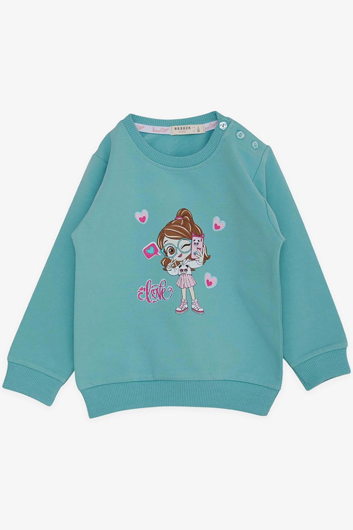 Breeze Kız Çocuk Sweatshirt Havalı Kız Baskılı 1.5-5 Yaş, Su Yeşili