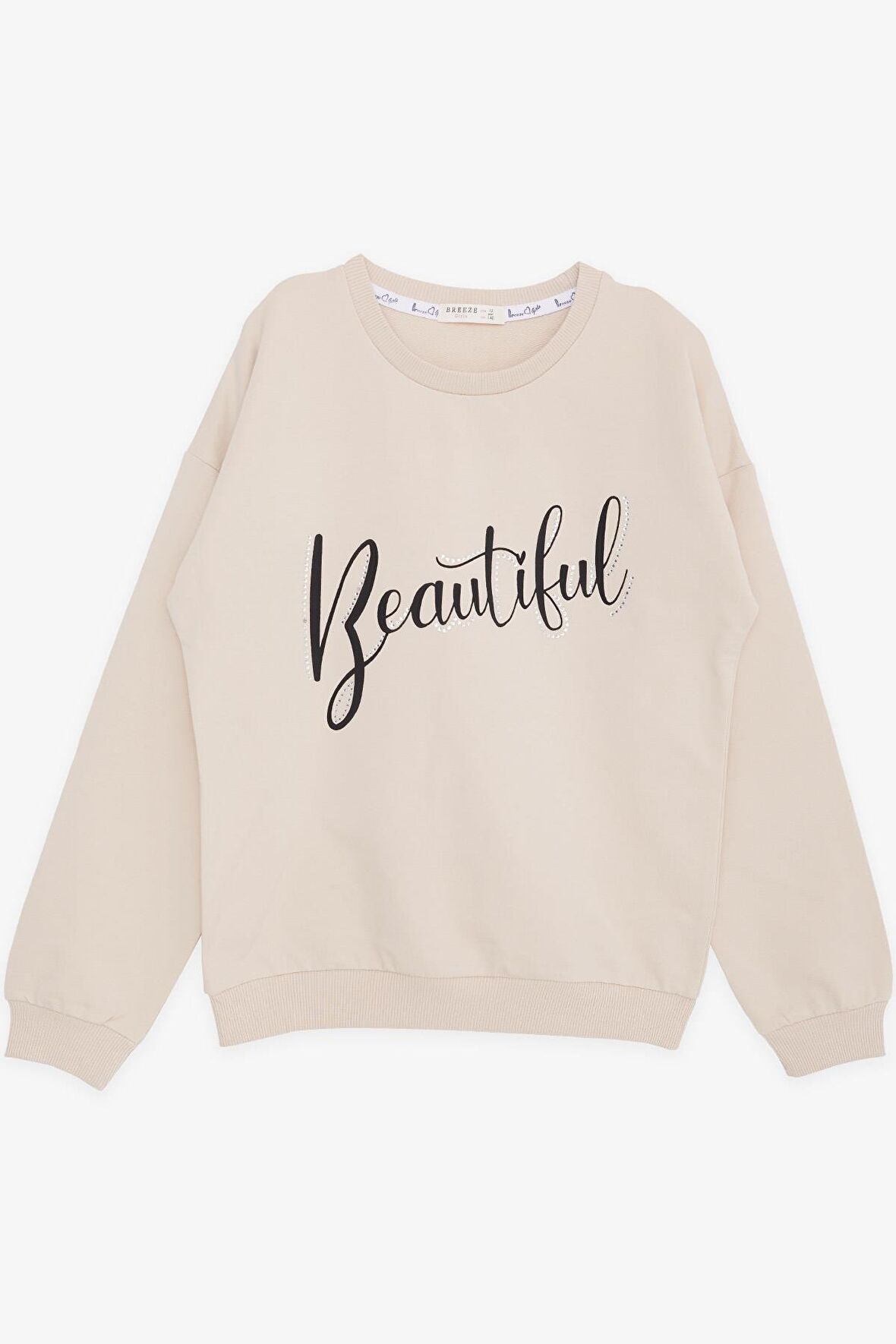 BREEZE Kız Çocuk Sweatshirt Taşlı Yazı Baskılı 9-14 Yaş, Bej