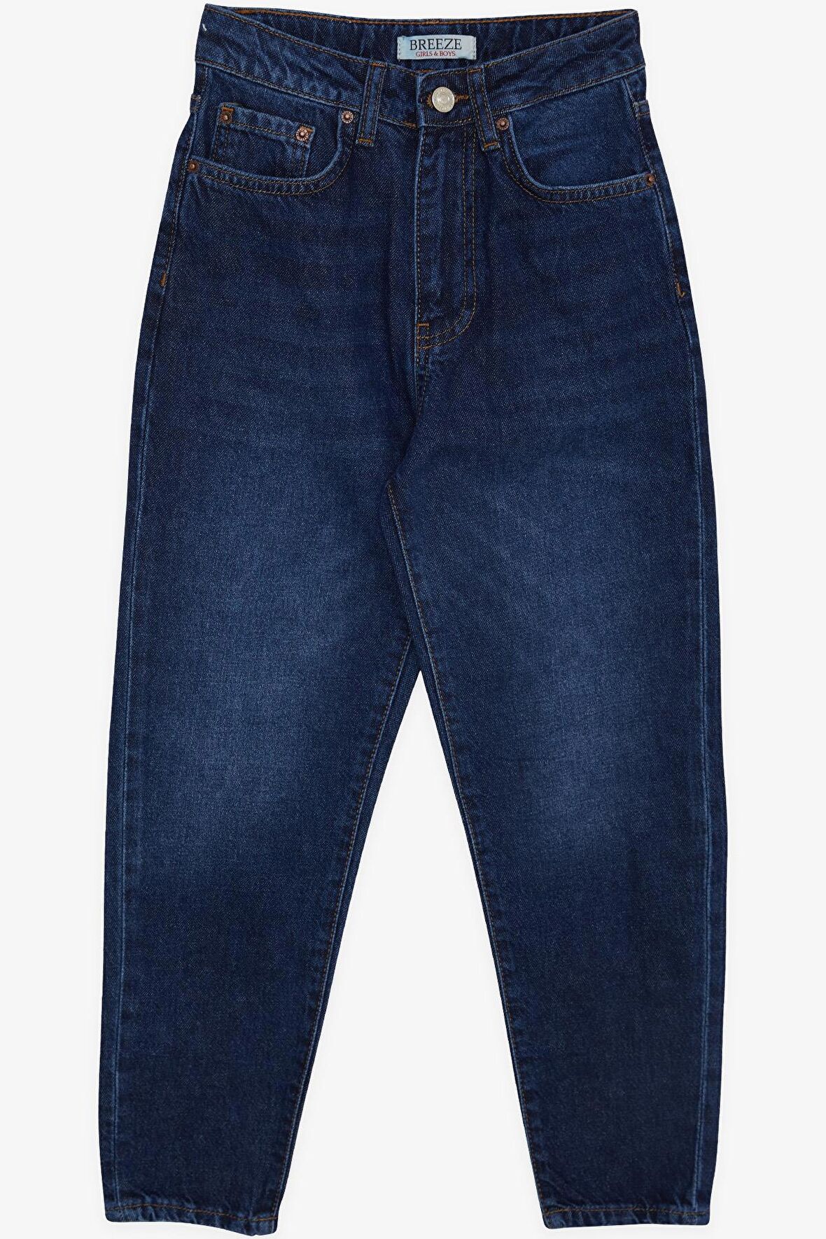 Breeze Kız Çocuk Jean Pantolon Cepli Düğmeli 9-14 Yaş, Koyu Mavi