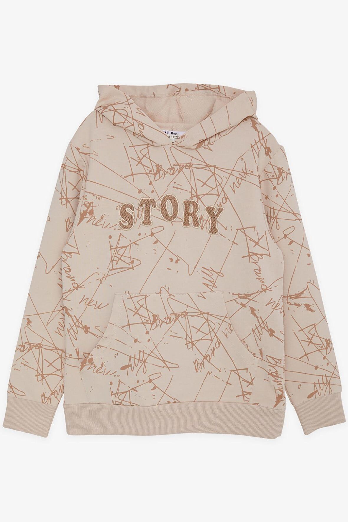 BREEZE GİRLS & BOYS Erkek Çocuk Sweatshirt Kanguru Cepli Kapüşonlu Yazı Nakışlı 8-12 Yaş, Bej