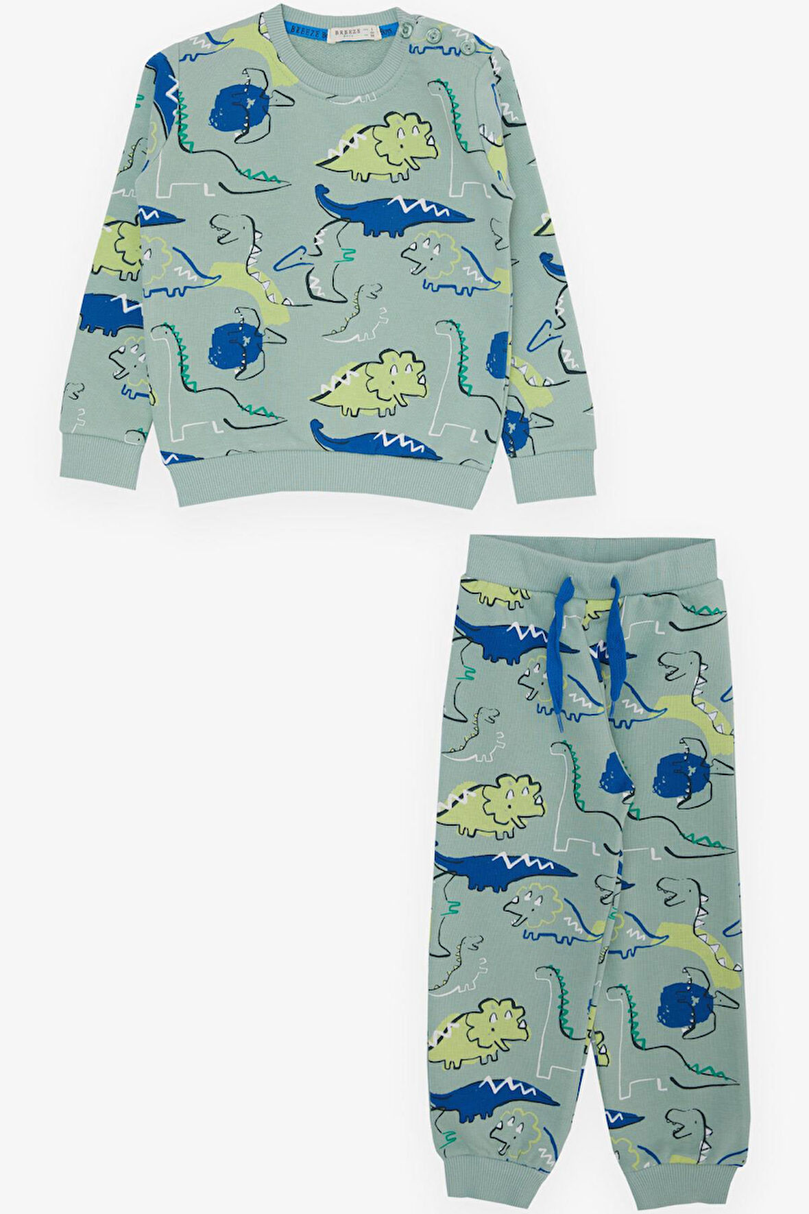 Breeze Girls & Boys Erkek Çocuk Eşofman Takım Dinozor Desenli Bağcık Aksesuarlı 2-6 Yaş, Mint Yeşili