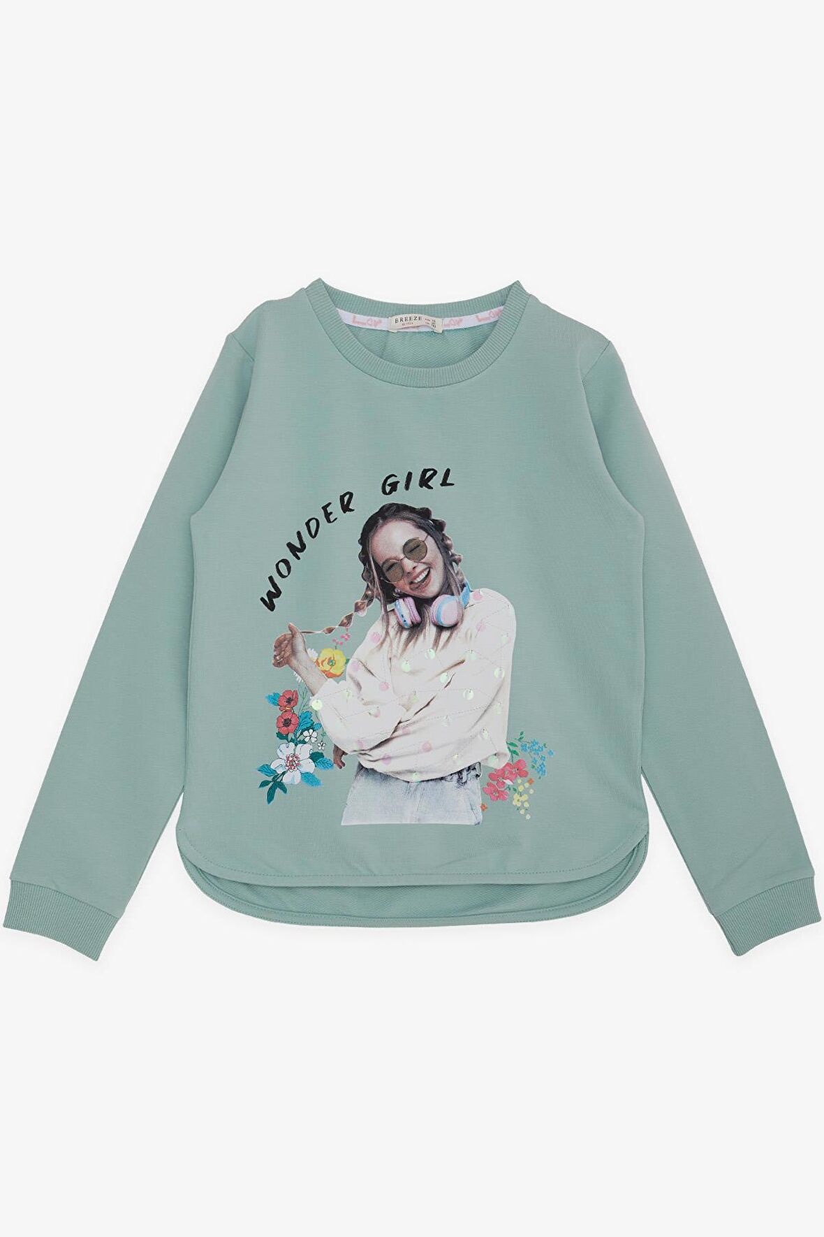 Breeze Kız Çocuk Sweatshirt Harika Kız Yazı Baskılı Çiçekli 9-14 Yaş, Su Yeşili