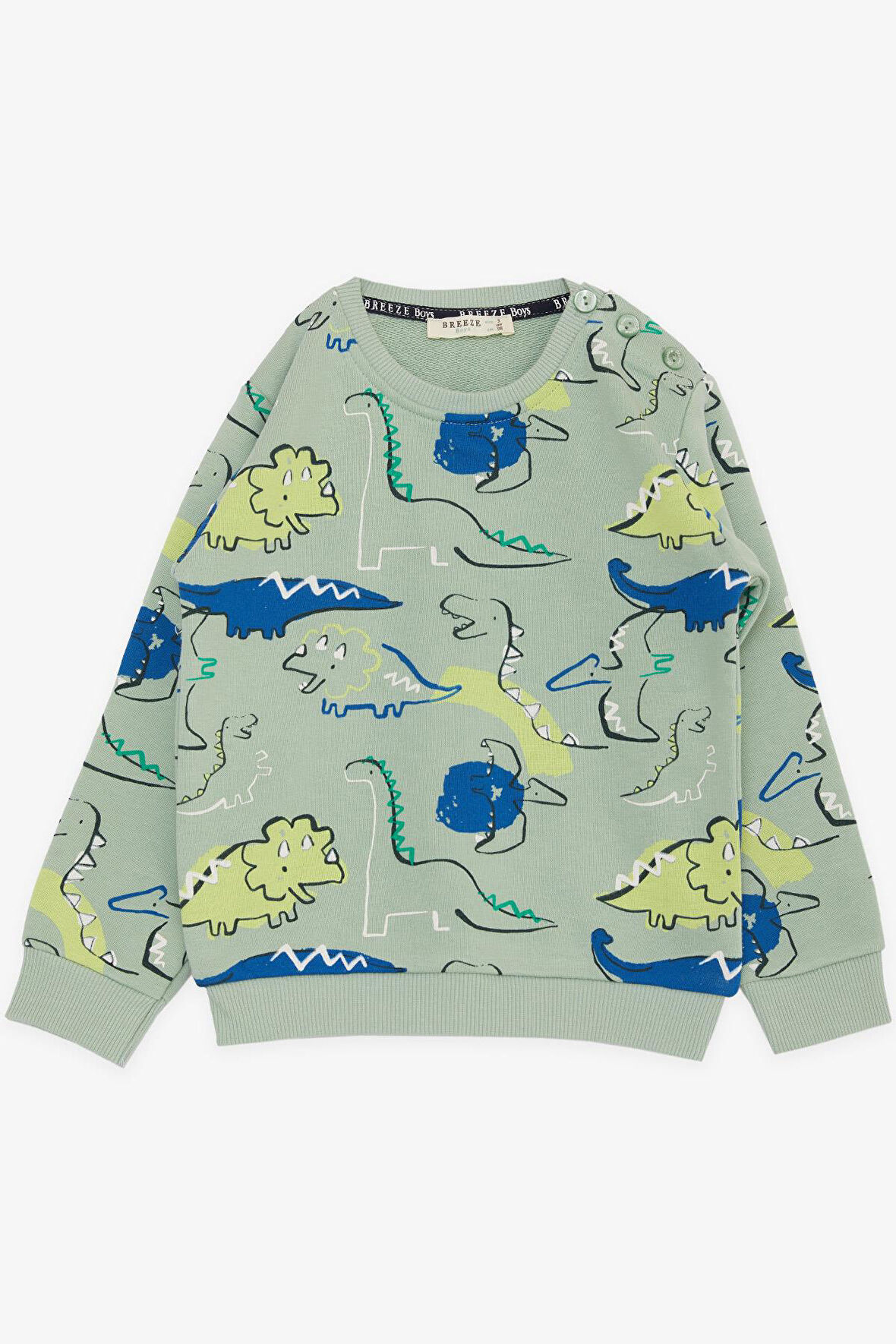 Breeze Girls & Boys Erkek Çocuk Sweatshirt Eğlenceli Dinozorlar Desenli 1.5-5 Yaş, Mint Yeşili