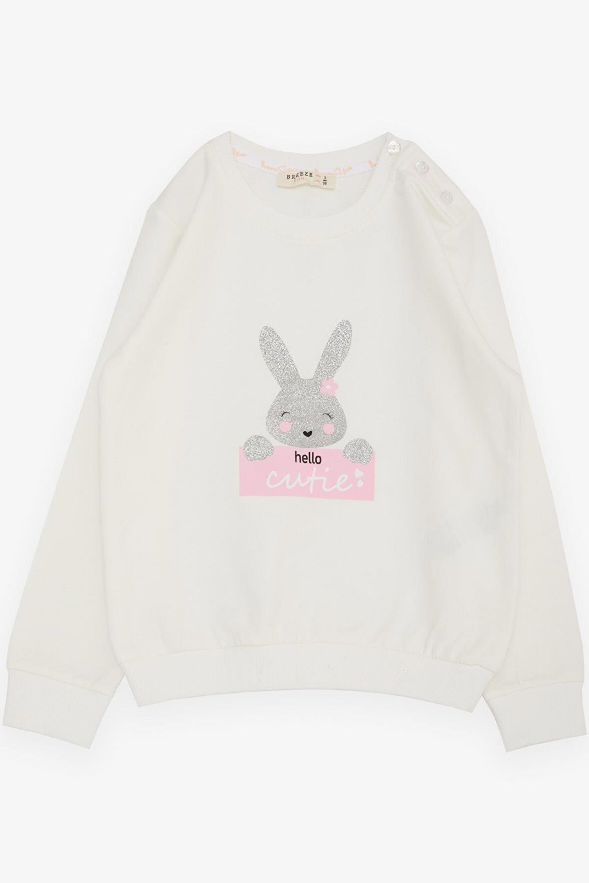 BREEZE Kız Çocuk Sweatshirt Sevimli Simli Tavşancık Baskılı 1.5-5 Yaş, Ekru
