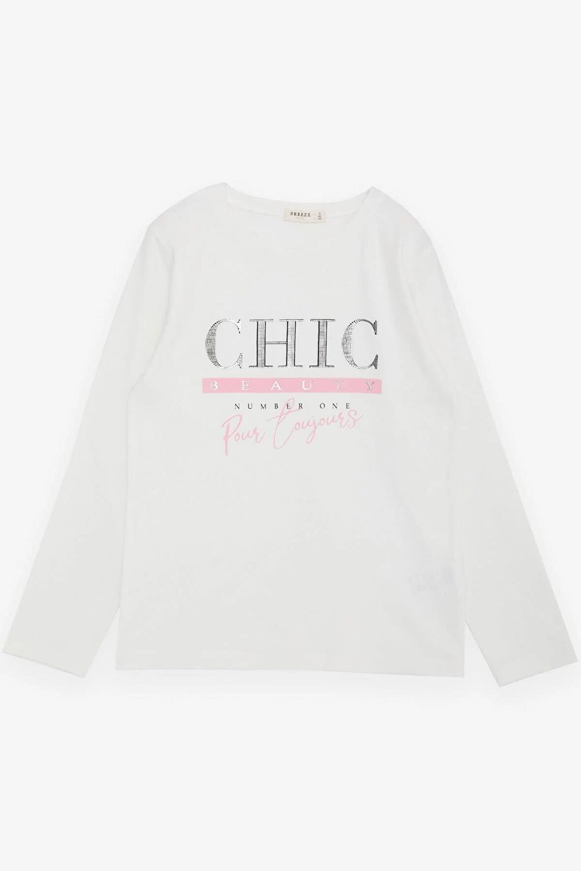Breeze Kız Çocuk Uzun Kollu Tişört Simli Yazı Baskılı 9-14 Yaş, Ekru