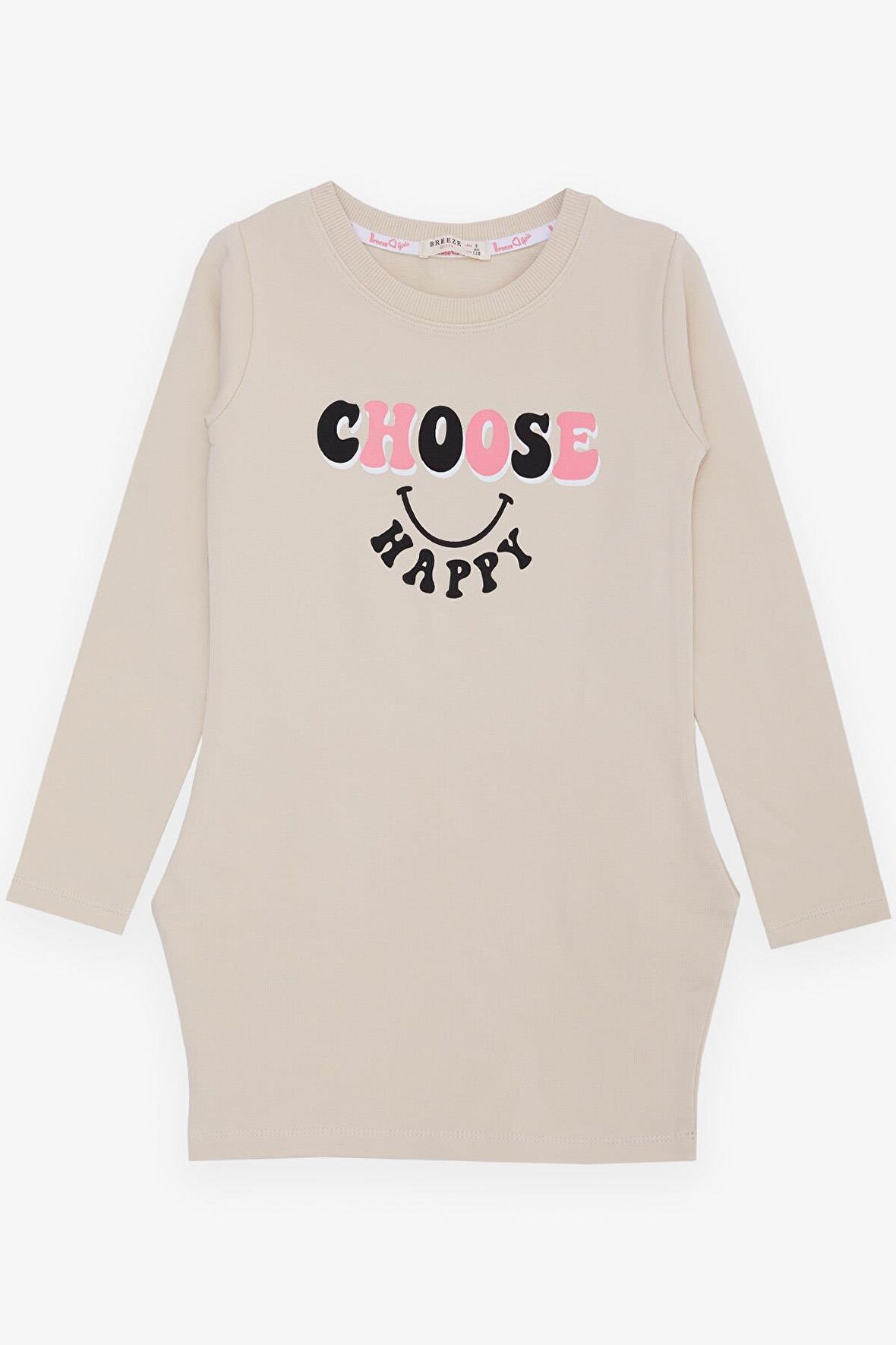 BREEZE Kız Çocuk Tunik Mutluluk Temalı Yazı Baskılı 8-12 Yaş, Bej