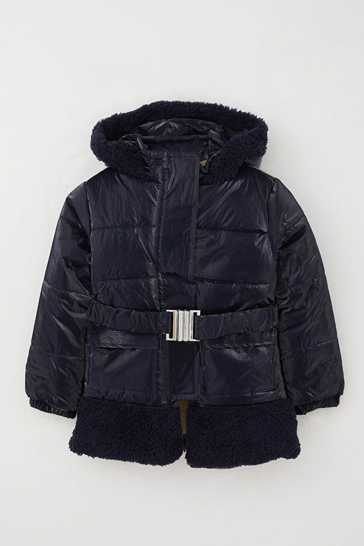 Esso Mandolin Kız Çocuk Mont Kemerli Peluşlu Kapüşonlu 2-6 Yaş, Koyu Lacivert