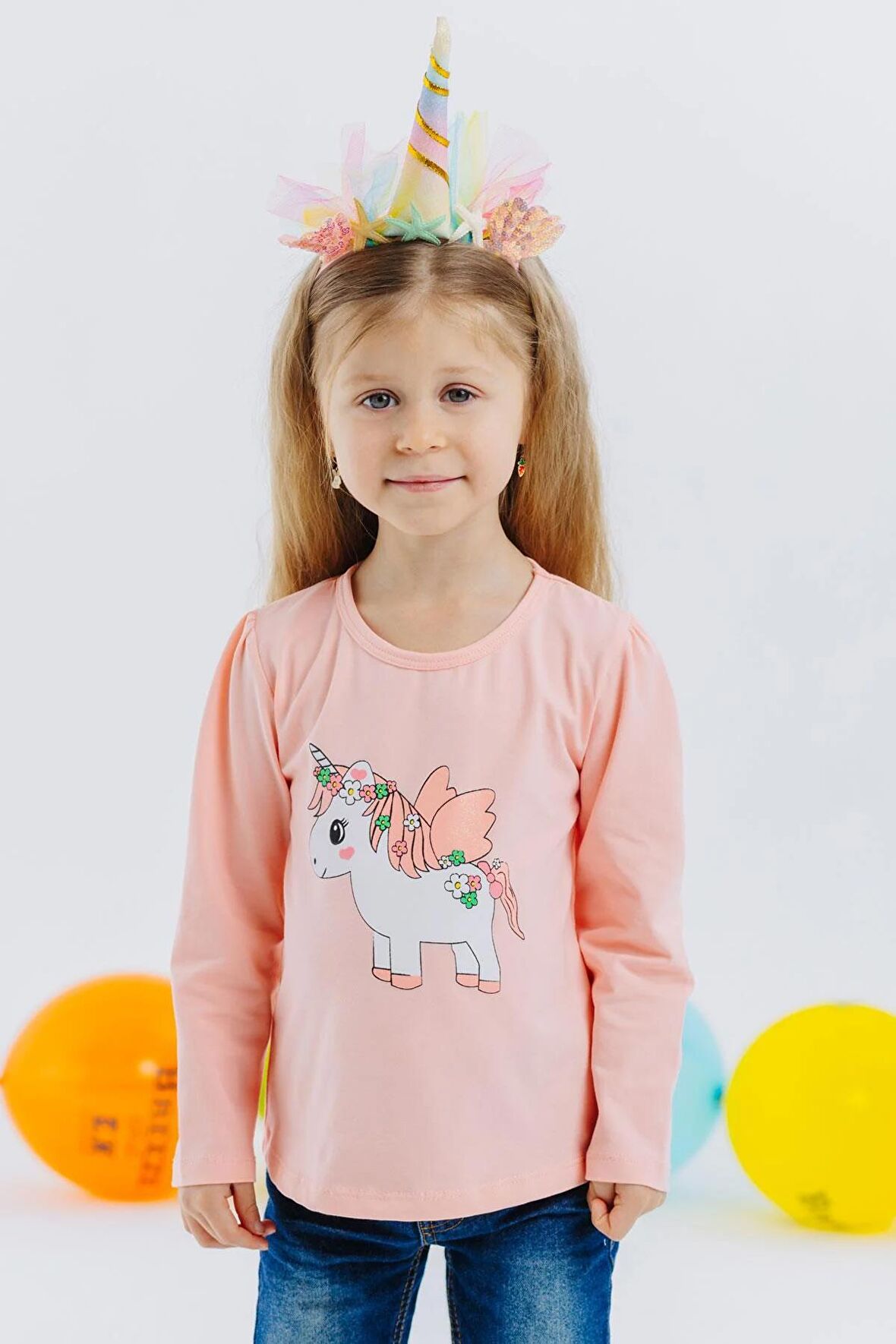 Breeze Kız Çocuk Uzun Kollu Tişört Unicorn Baskılı 1-4 Yaş, Somon