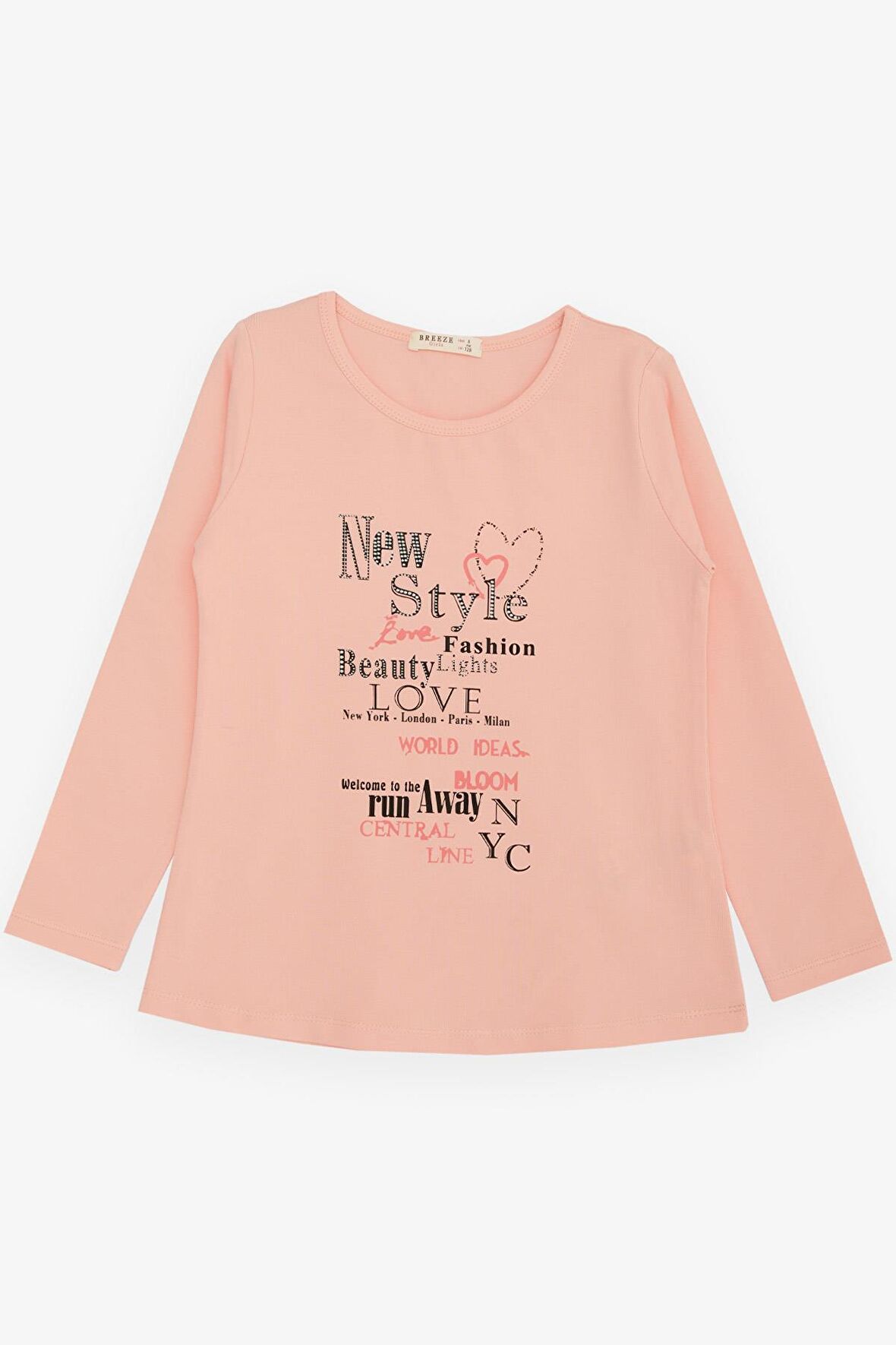 BREEZE Kız Çocuk Uzun Kollu Tişört Moda Temalı Yazı Baskılı 6-12 Yaş, Somon
