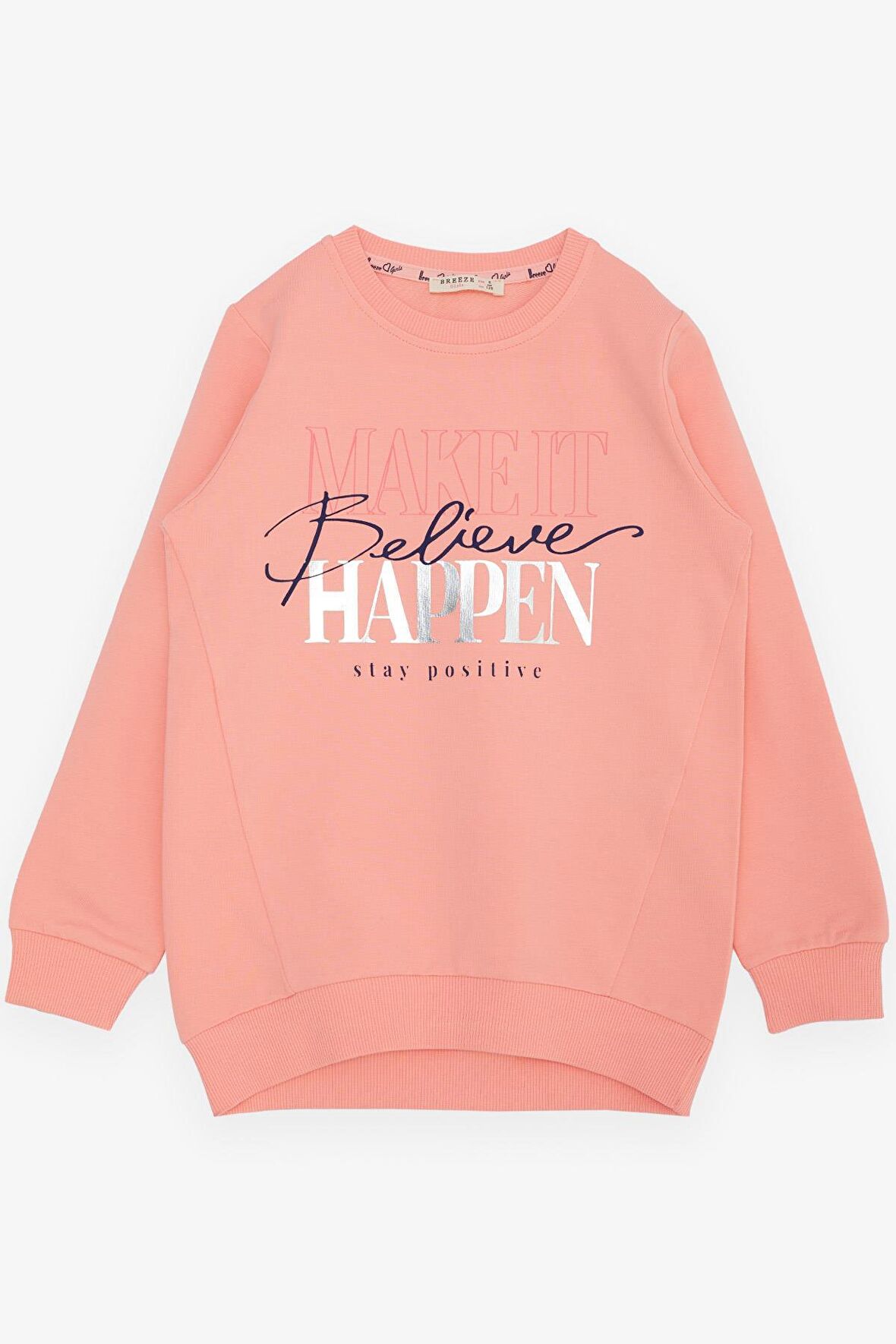 BREEZE Kız Çocuk Sweatshirt Yaldızlı Yazı Baskılı 6-12 Yaş, Somon