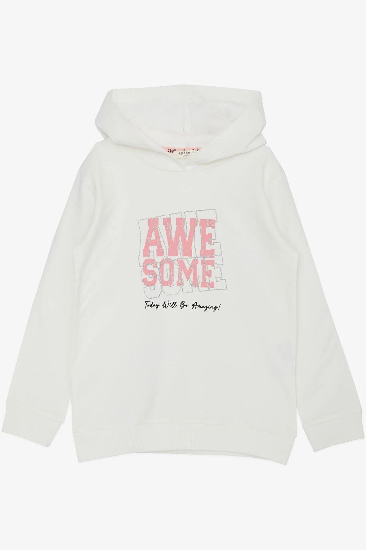Breeze Kız Çocuk Sweatshirt Kapüşonlu Simli Yazı Baskılı 5-10 Yaş, Ekru