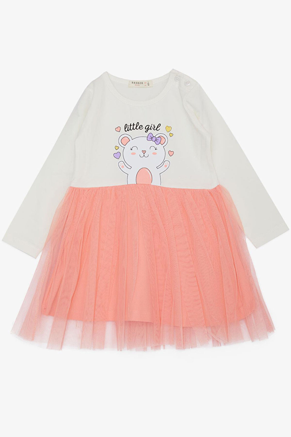Breeze Kız Çocuk Uzun Kollu Elbise Küçük Kızlar Sevgi Temalı Mutlu Ayıcık Baskılı Tüllü 1-4 Yaş, Ekru
