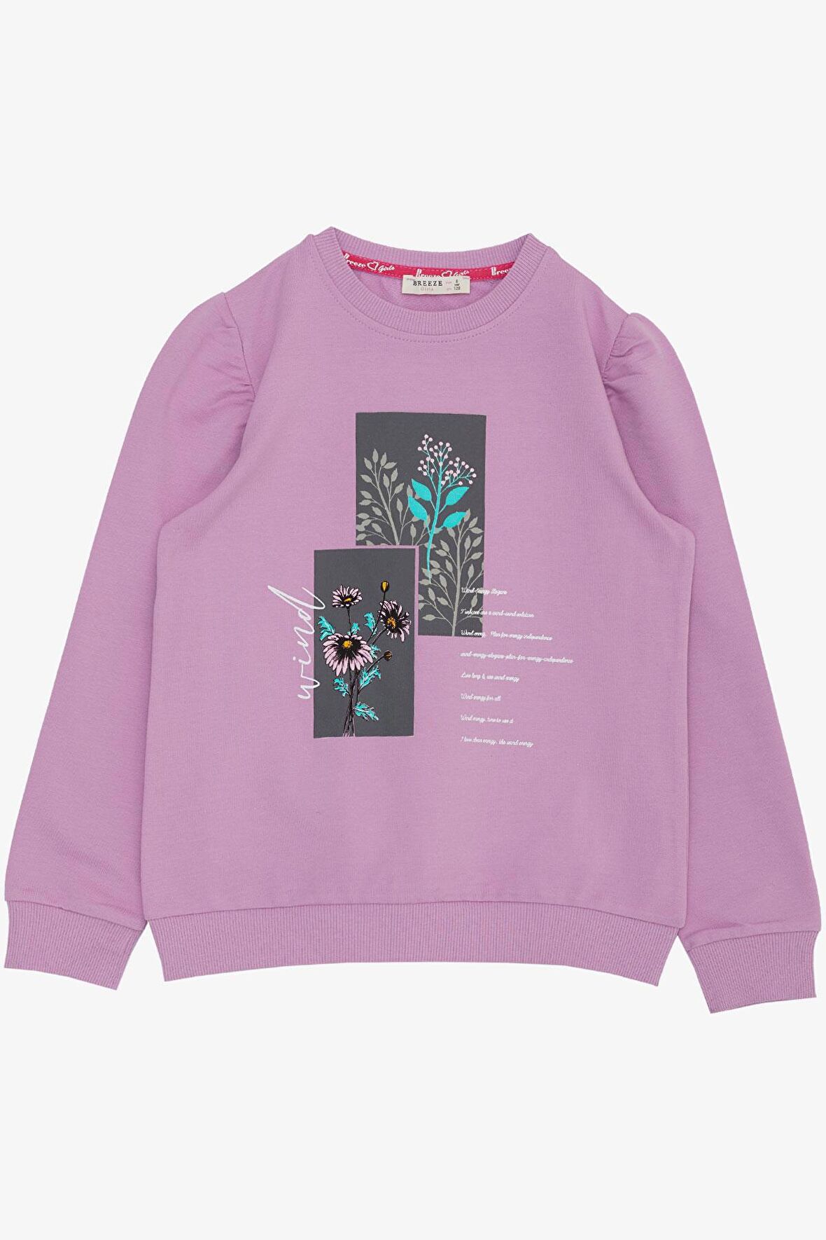 Breeze Kız Çocuk Sweatshirt Çiçek & Yazı Baskılı 6-12 Yaş, Eflatun