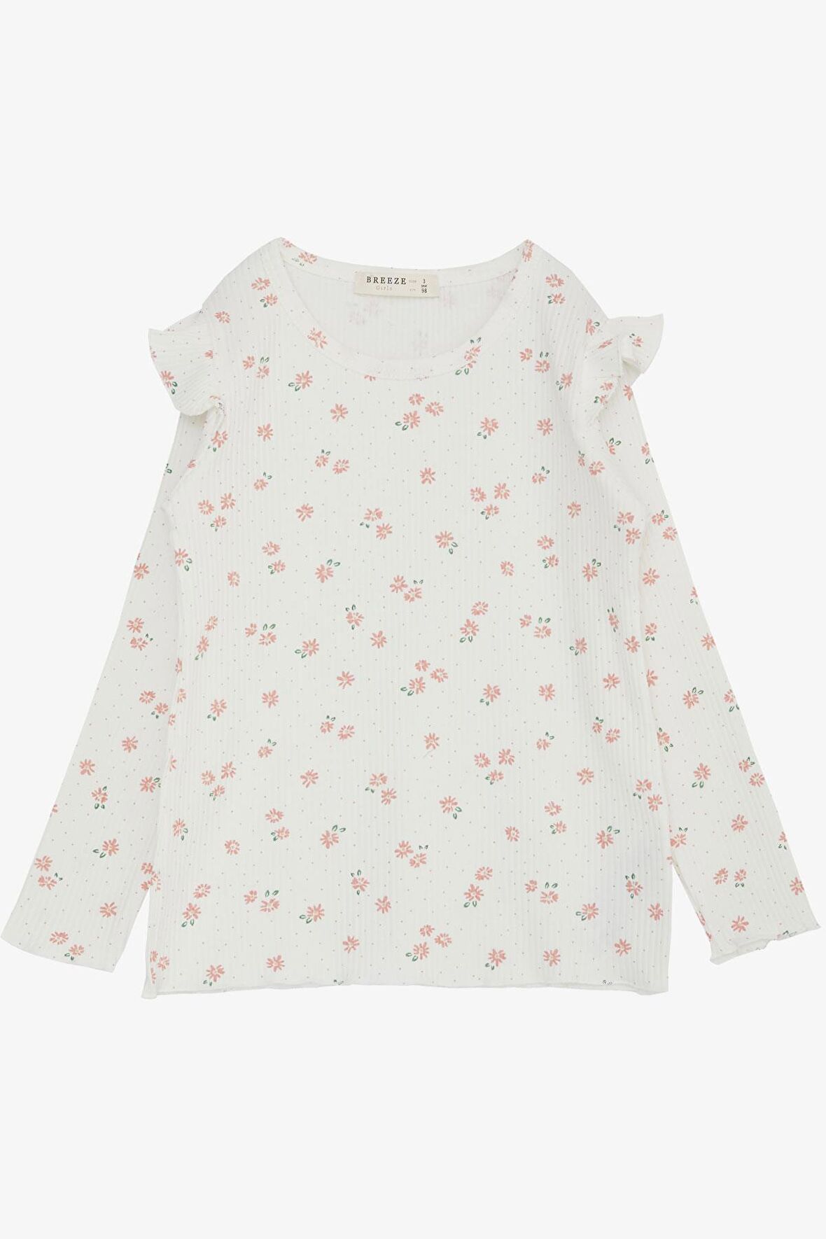 Breeze Kız Çocuk Uzun Kollu Tişört Çiçekli Omuzu Fırfırlı 2-6 Yaş, Ekru