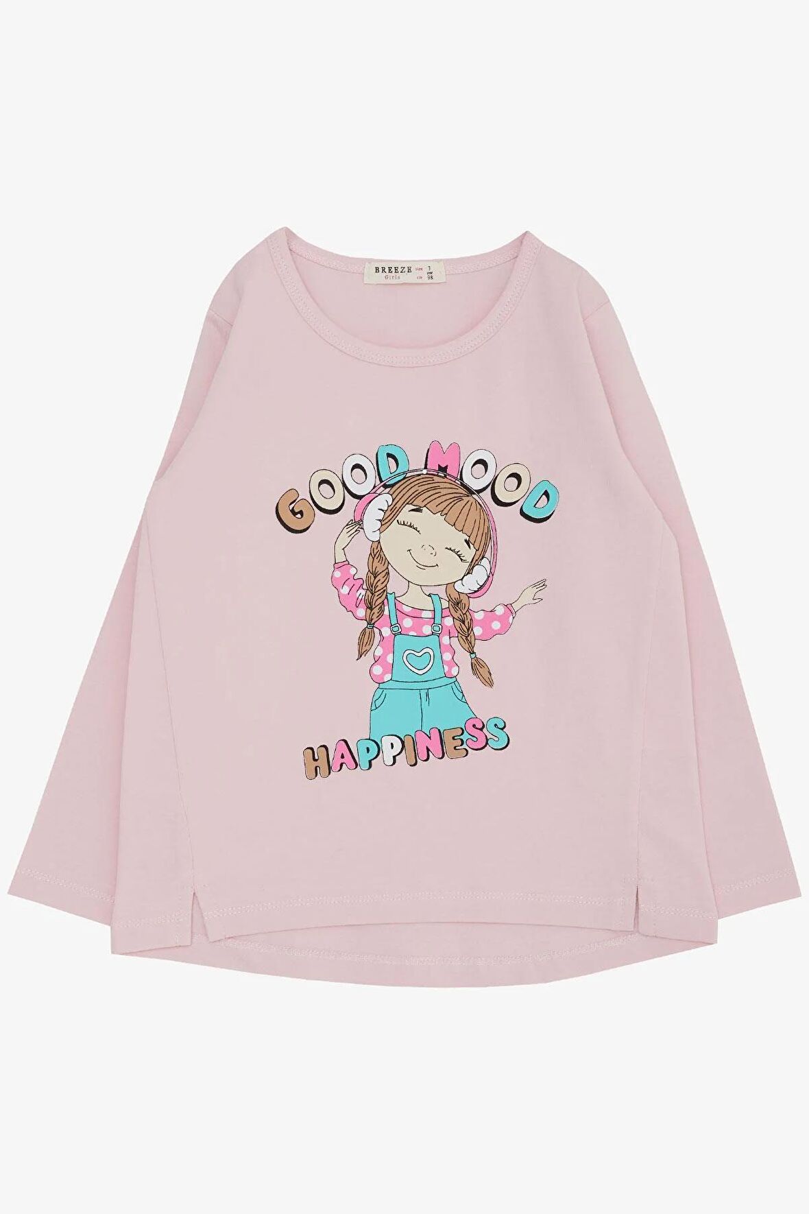 Breeze Kız Çocuk Uzun Kollu Tişört Müzik Dinleyen Mutlu Kız Baskılı 3-8 Yaş, Pembe
