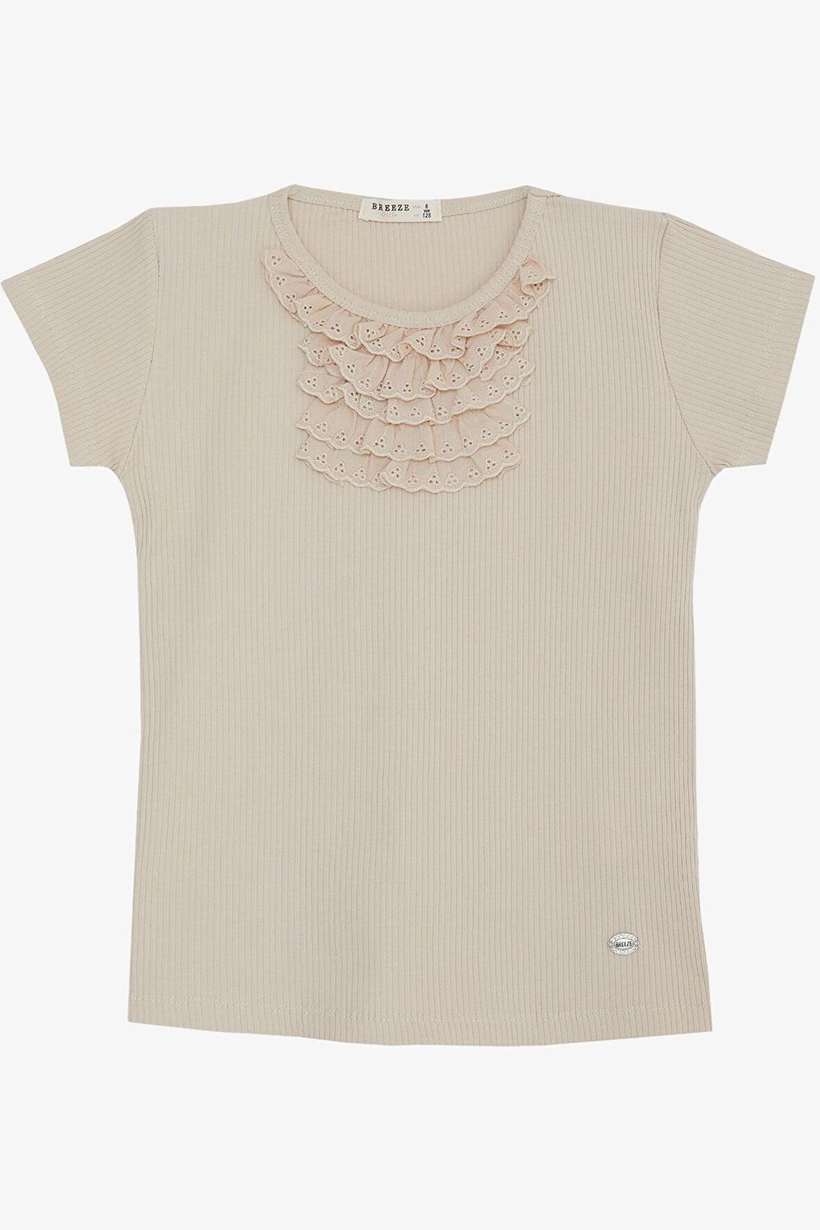 Breeze Kız Çocuk Tişört Güpürlü Fitilli 4-8 Yaş, Bej