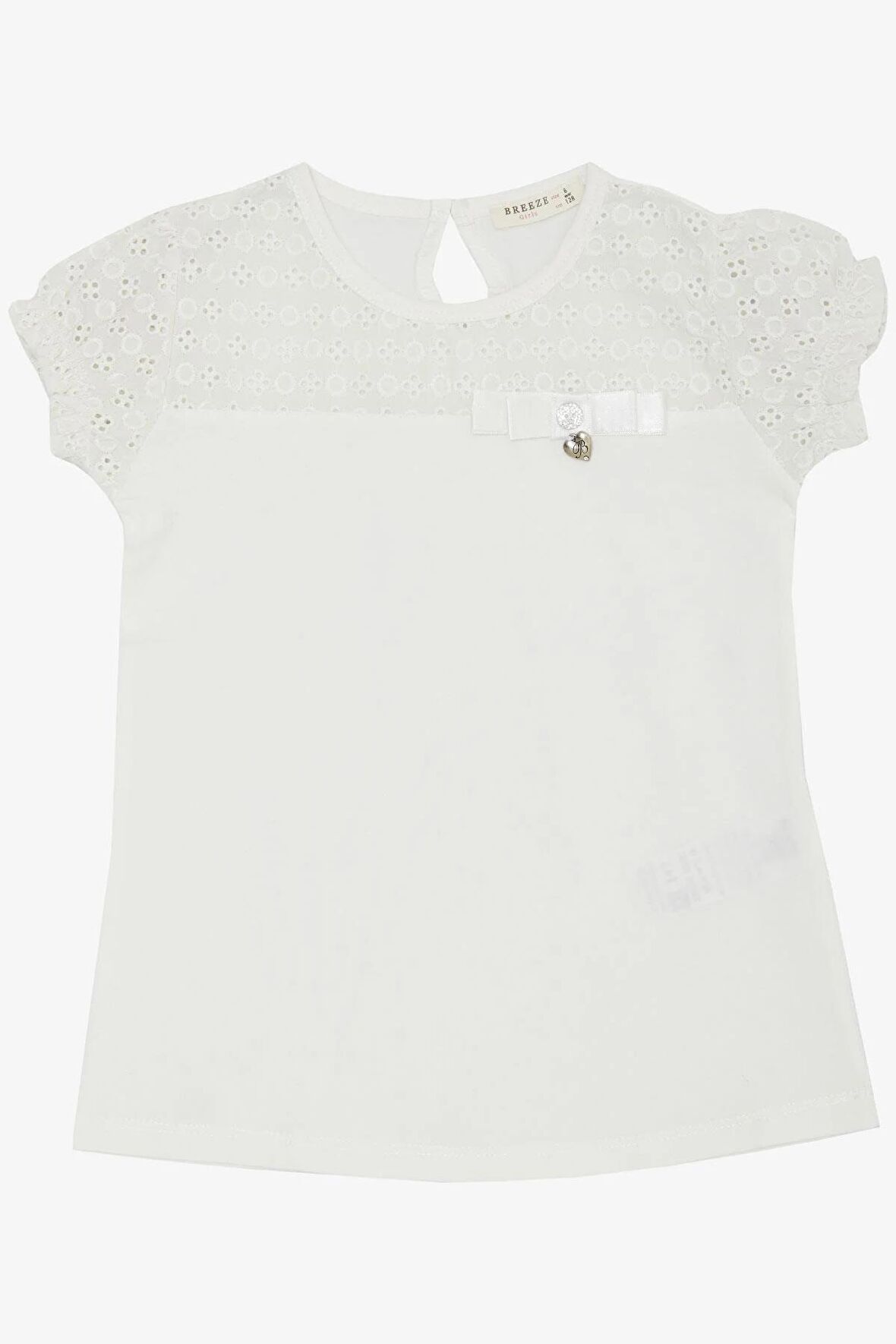 BREEZE Kız Çocuk Tişört Güpürlü Kolları Lastikli Fiyonklu 5-10 Yaş, Ekru