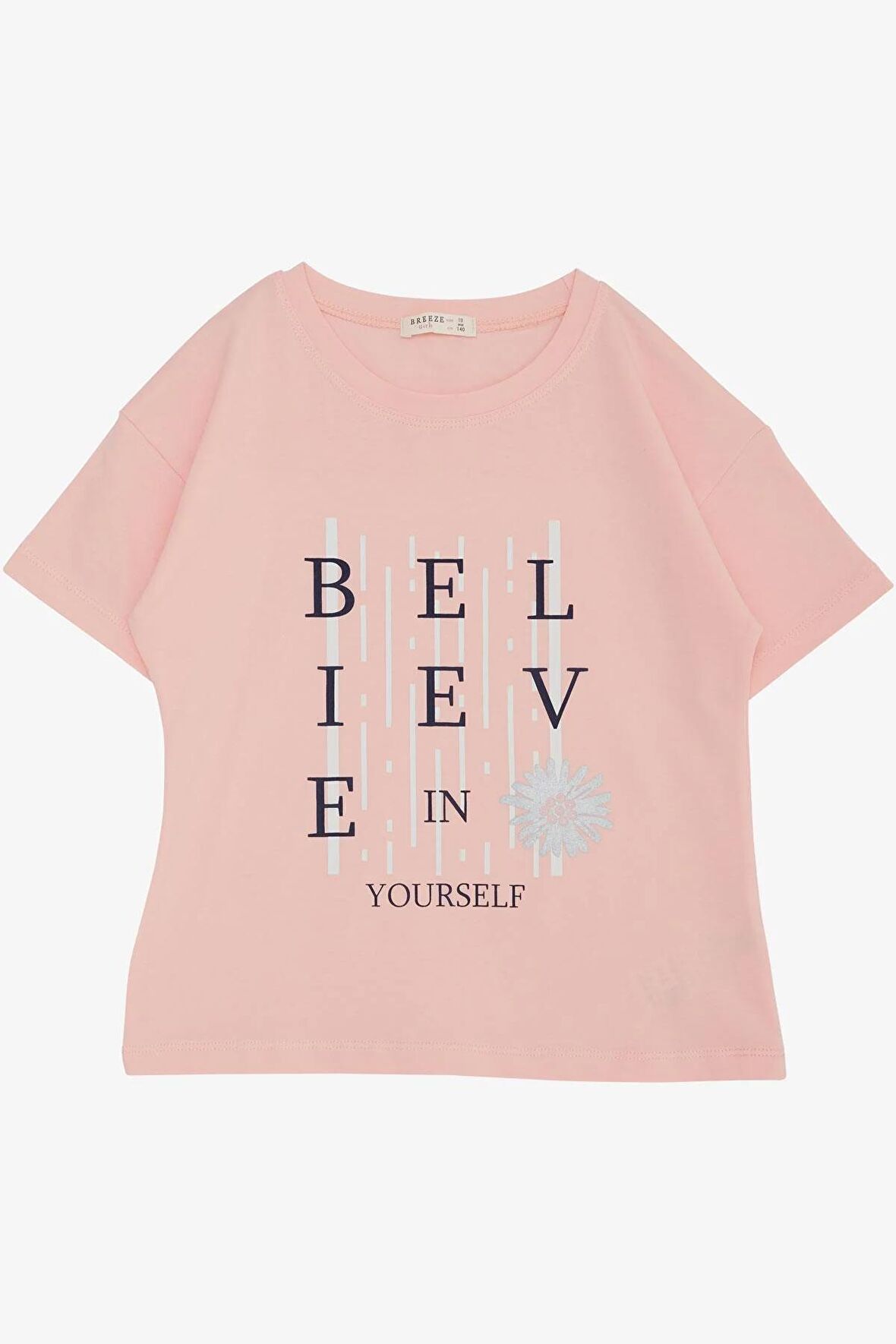 Breeze Kız Çocuk Tişört Crop Slogan Temalı Çiçek Baskılı 9-14 Yaş, Somon