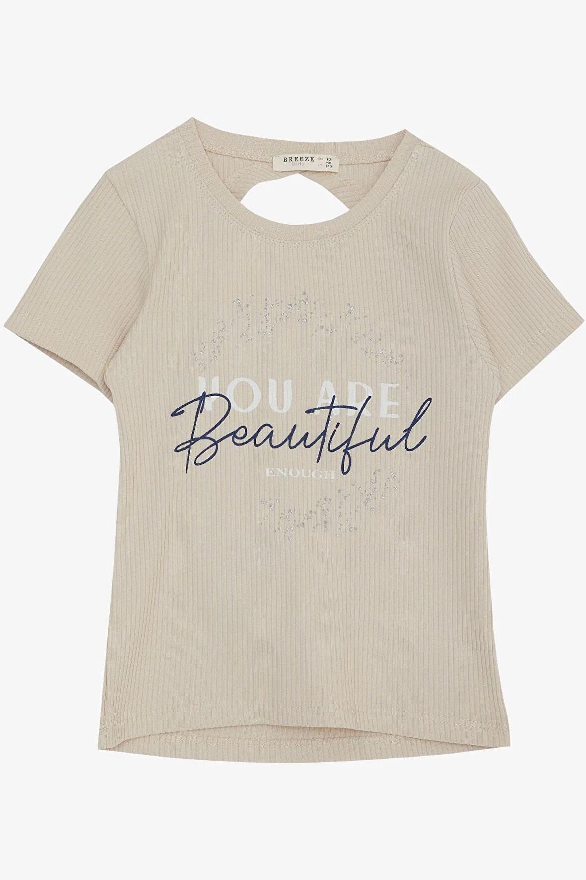 BREEZE Kız Çocuk Tişört Crop Sırt Dekolteli Yazı Baskılı Simli 9-14 Yaş, Bej