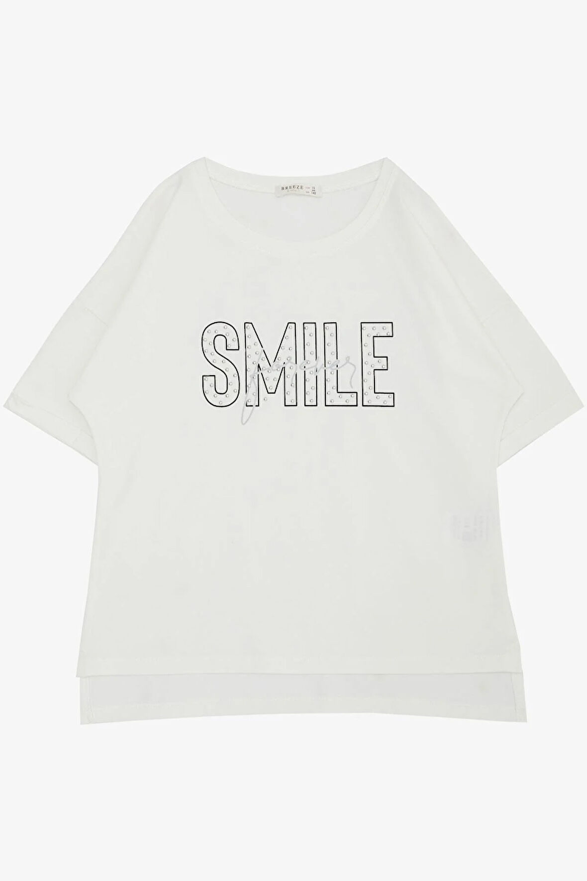 Breeze Kız Çocuk Tişört Smile Yazı Baskılı Taşlı 9-16 Yaş, Ekru