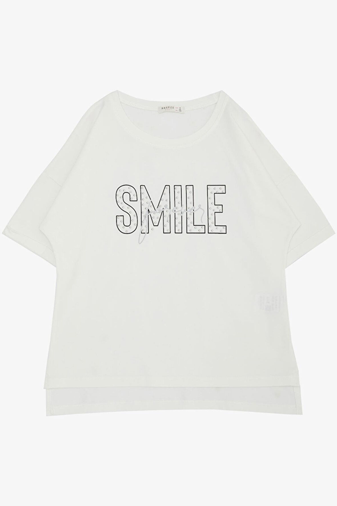 Breeze Kız Çocuk Tişört Smile Yazı Baskılı Taşlı 9-16 Yaş, Ekru