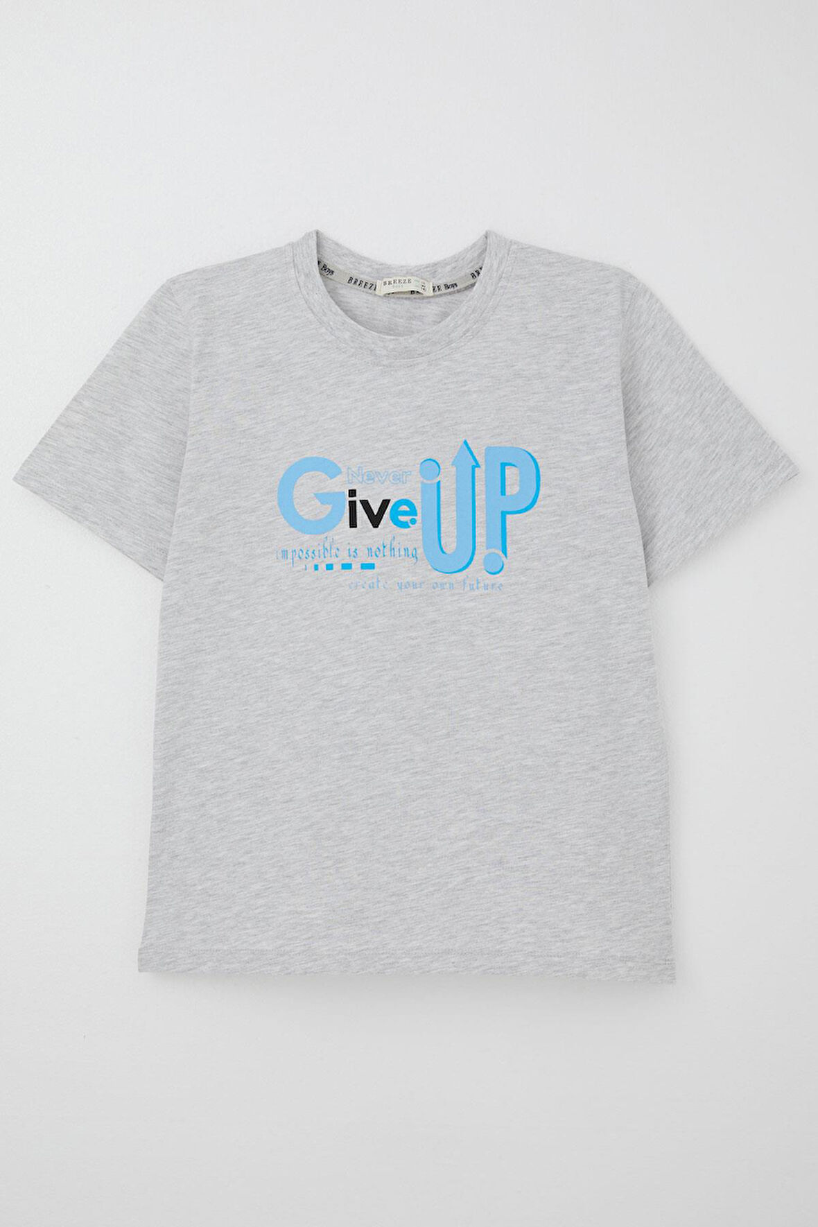 Breeze Erkek Çocuk Tişört Asla Pes Etme Tasarım Baskılı 9-16 Yaş, Açık Gri Melanj