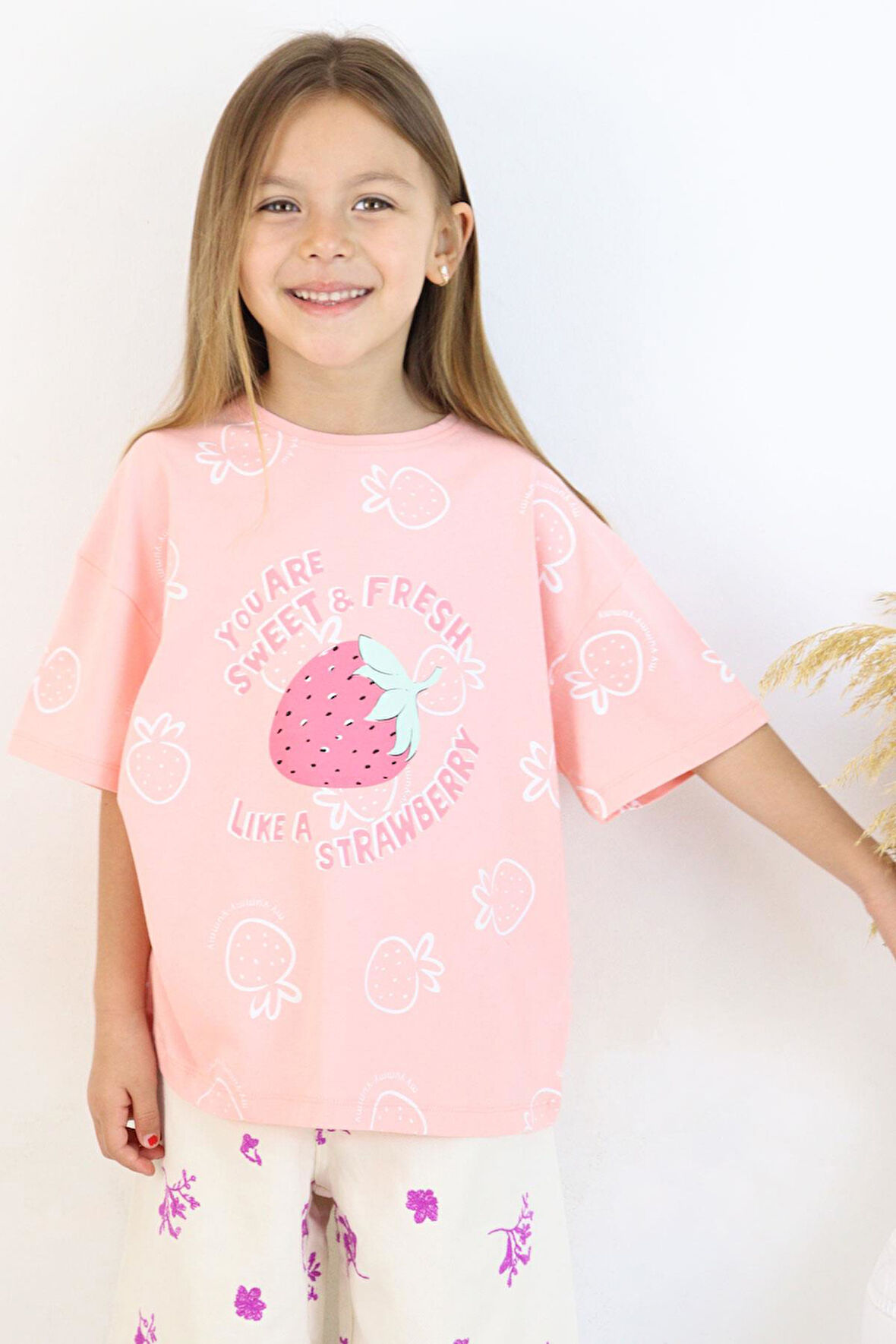 Breeze Kız Çocuk Tişört Crop Çilek & Yazı Baskılı 6-12 Yaş, Somon