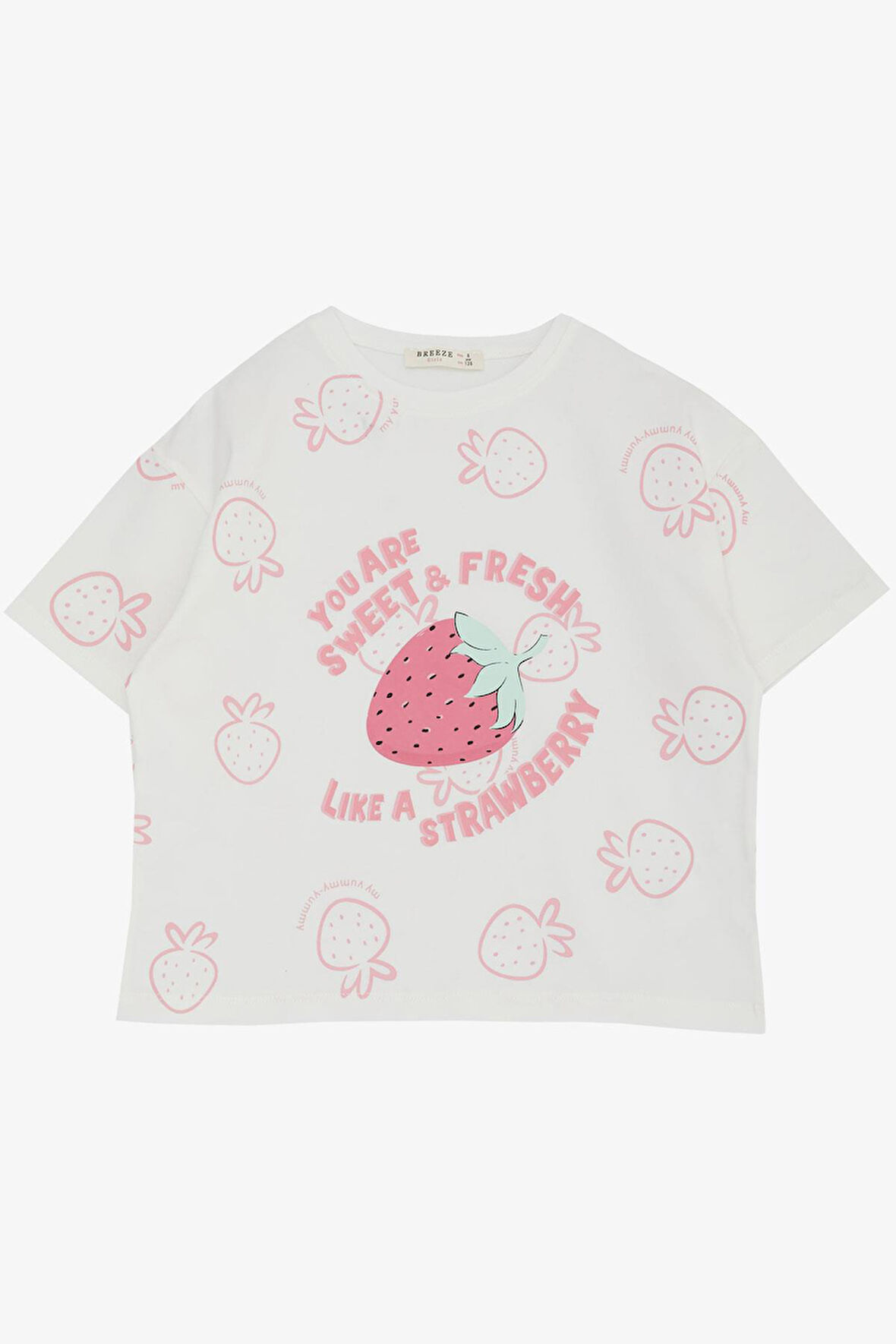 Breeze Kız Çocuk Tişört Crop Çilek & Yazı Baskılı 6-12 Yaş, Ekru